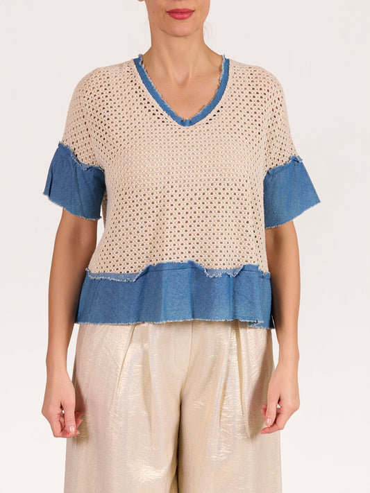 Beige Loose Knit with Raw Denim Borders Top
