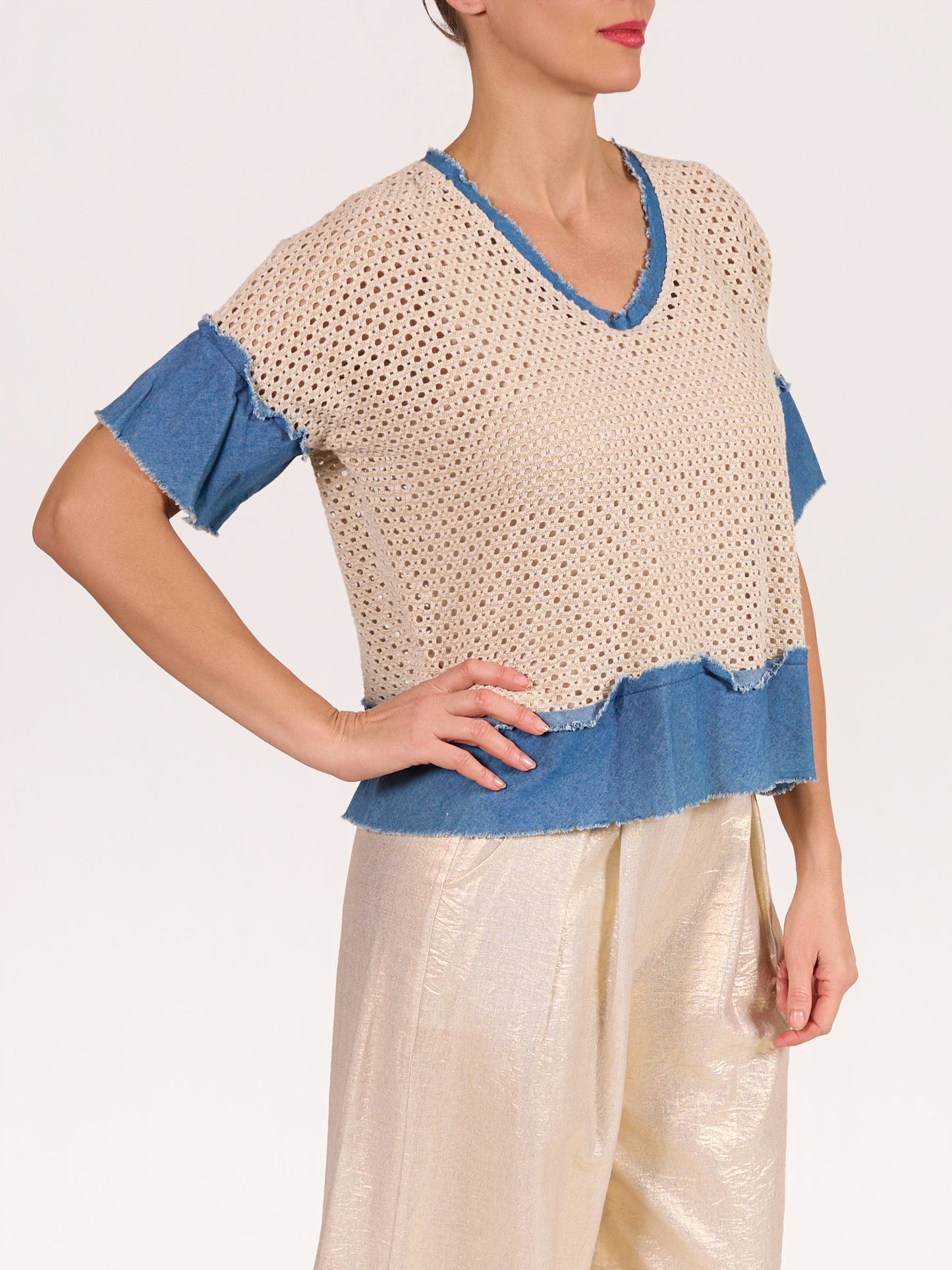 Beige Loose Knit with Raw Denim Borders Top