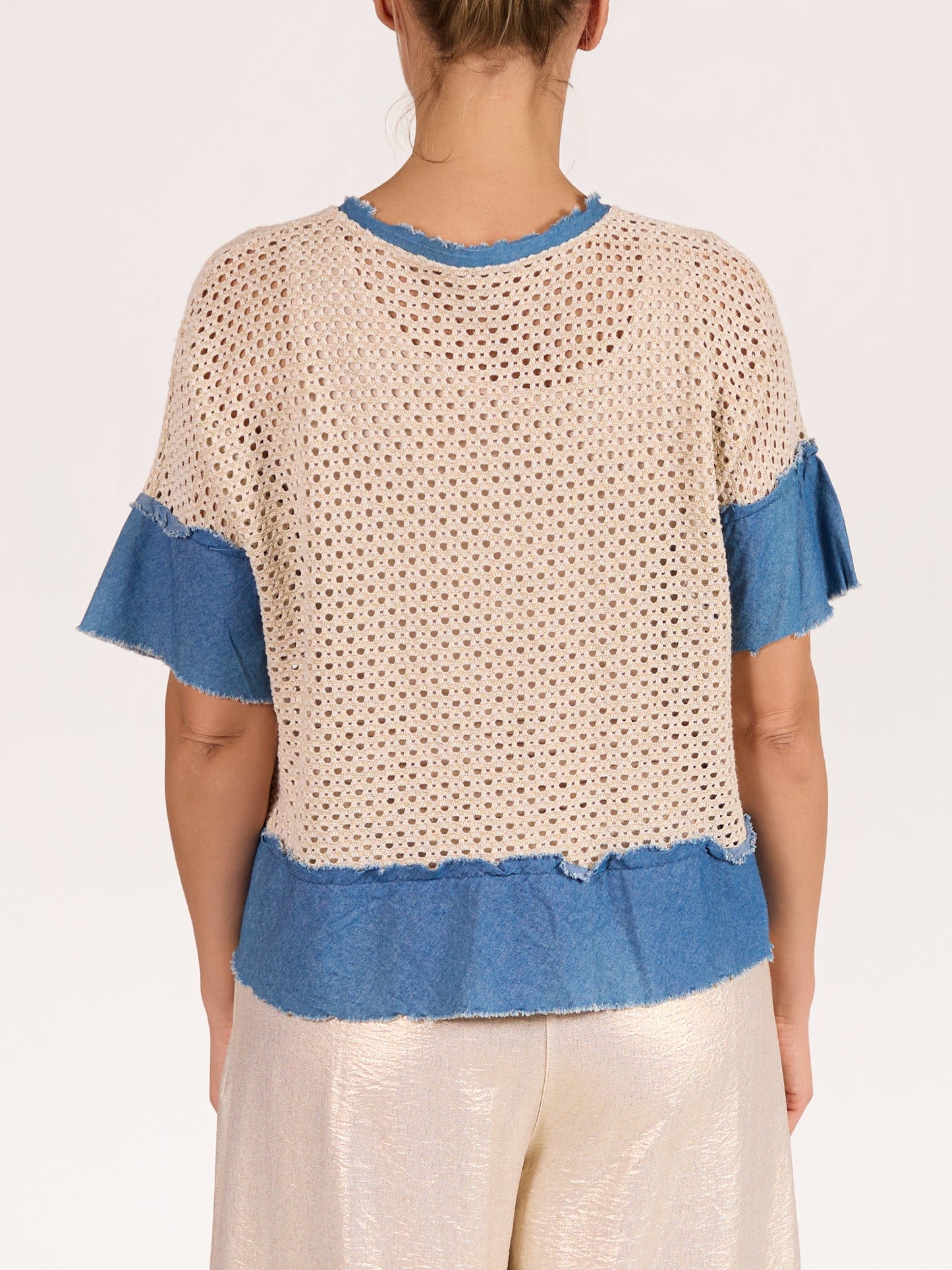 Beige Loose Knit with Raw Denim Borders Top