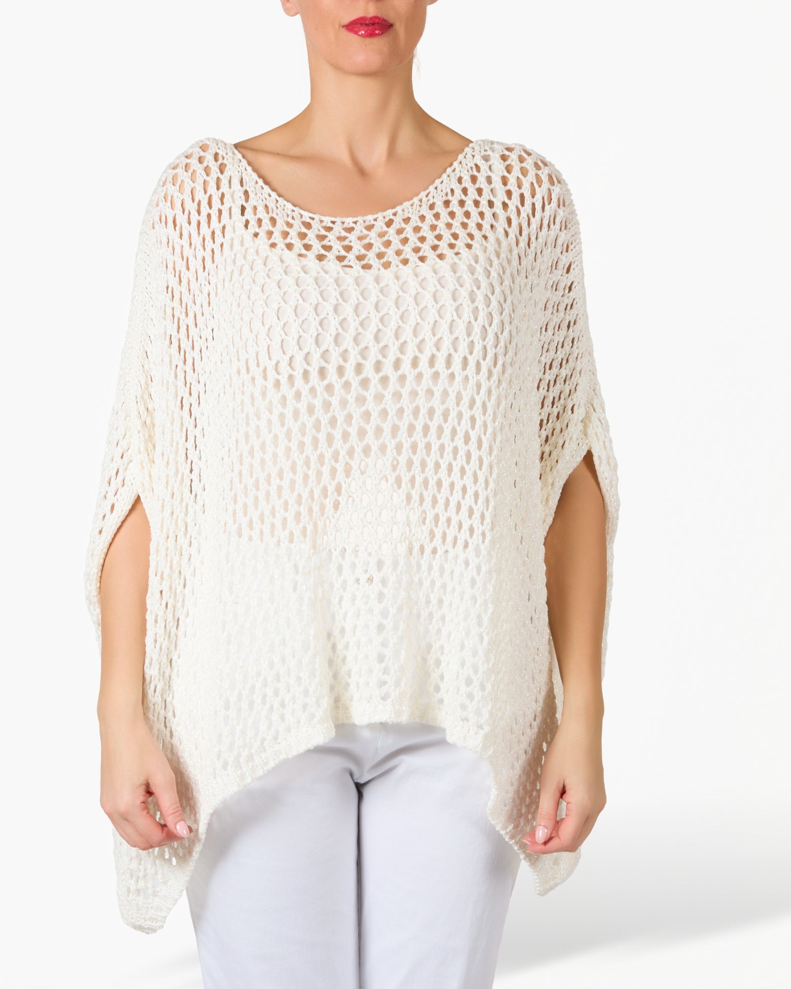 White Loose Knit Poncho Style Pullover