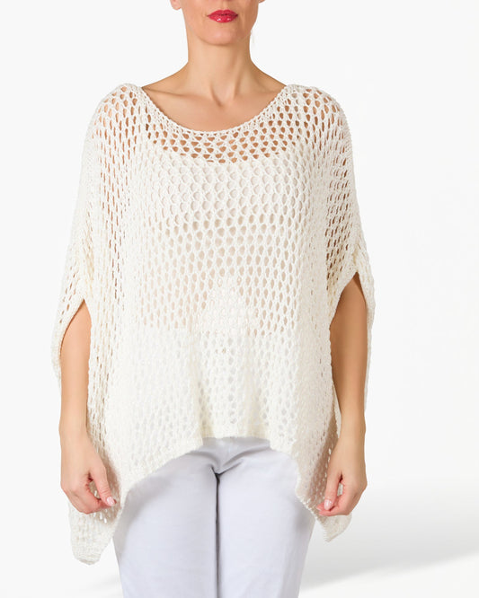 White Loose Knit Poncho Style Pullover