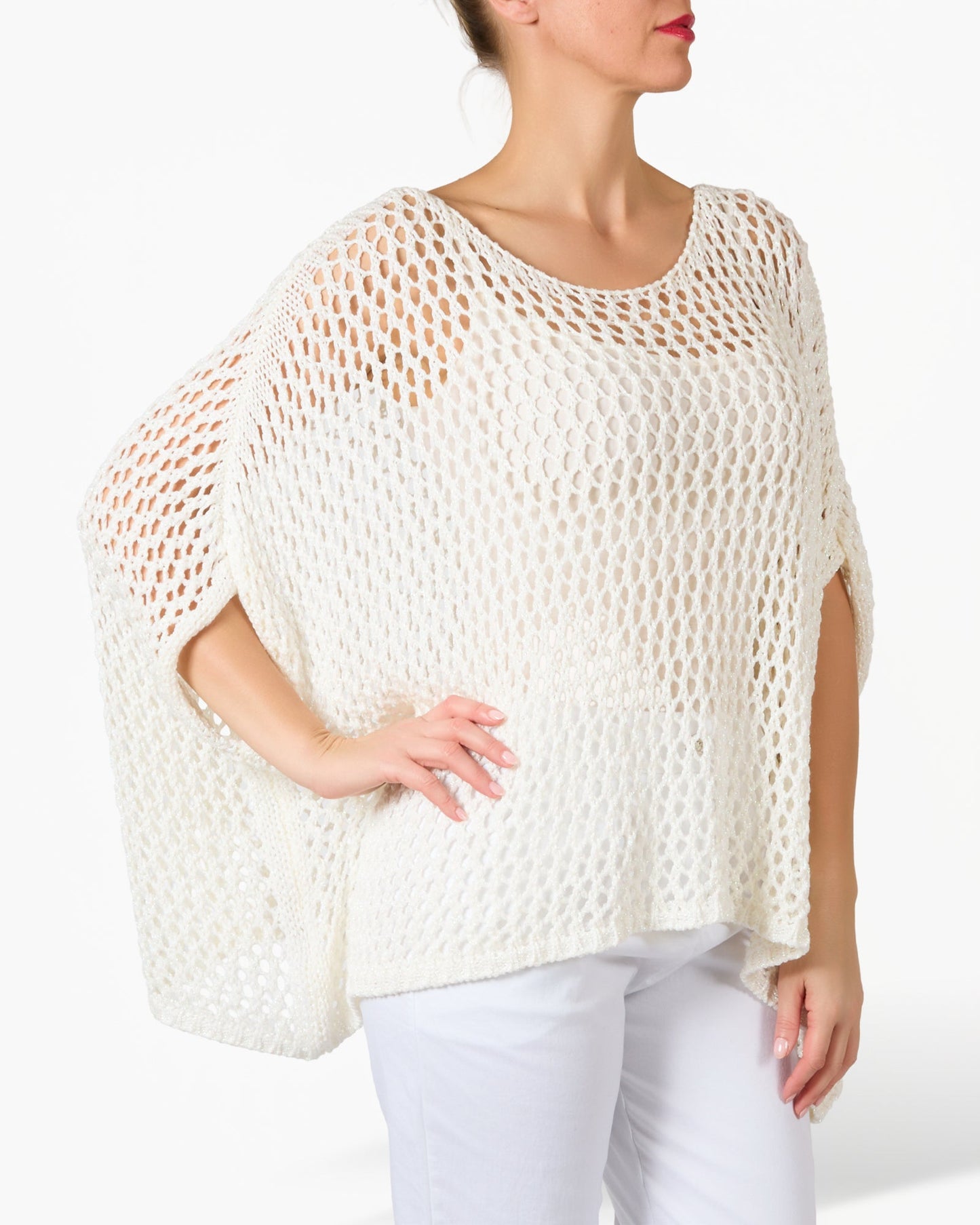 White Loose Knit Poncho Style Pullover