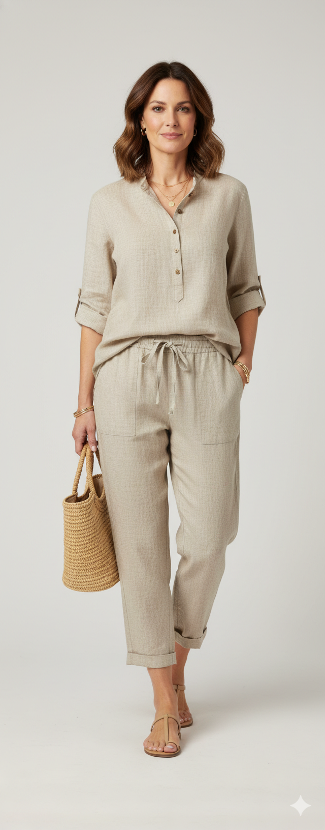Beige Linen Blend Roll Up Sleeve Lurex Thread Shirt