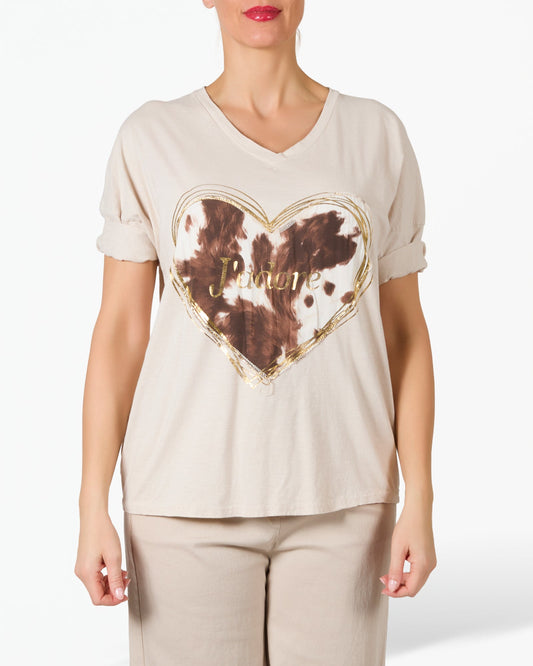 Beige Gold and Animal Printed J'adore T-Shirt