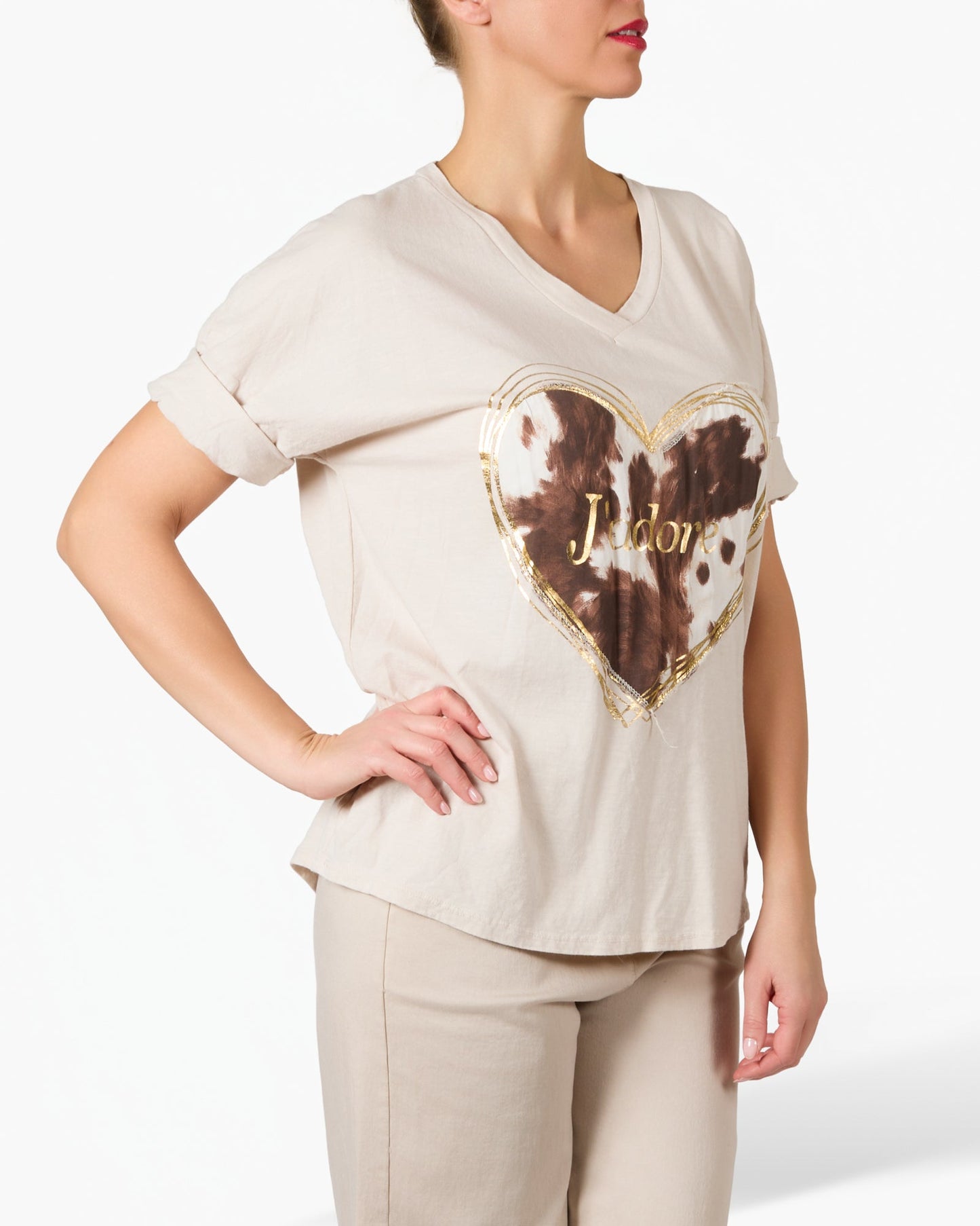 Beige Gold and Animal Printed J'adore T-Shirt