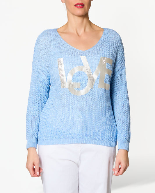 Blue Boat Neck Drop Shoulder LOVE Sweater