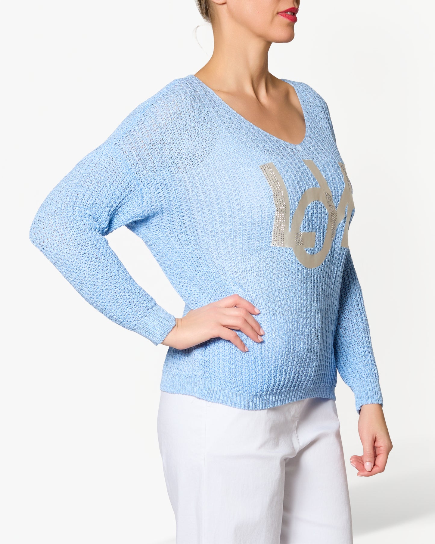 Blue Boat Neck Drop Shoulder LOVE Sweater