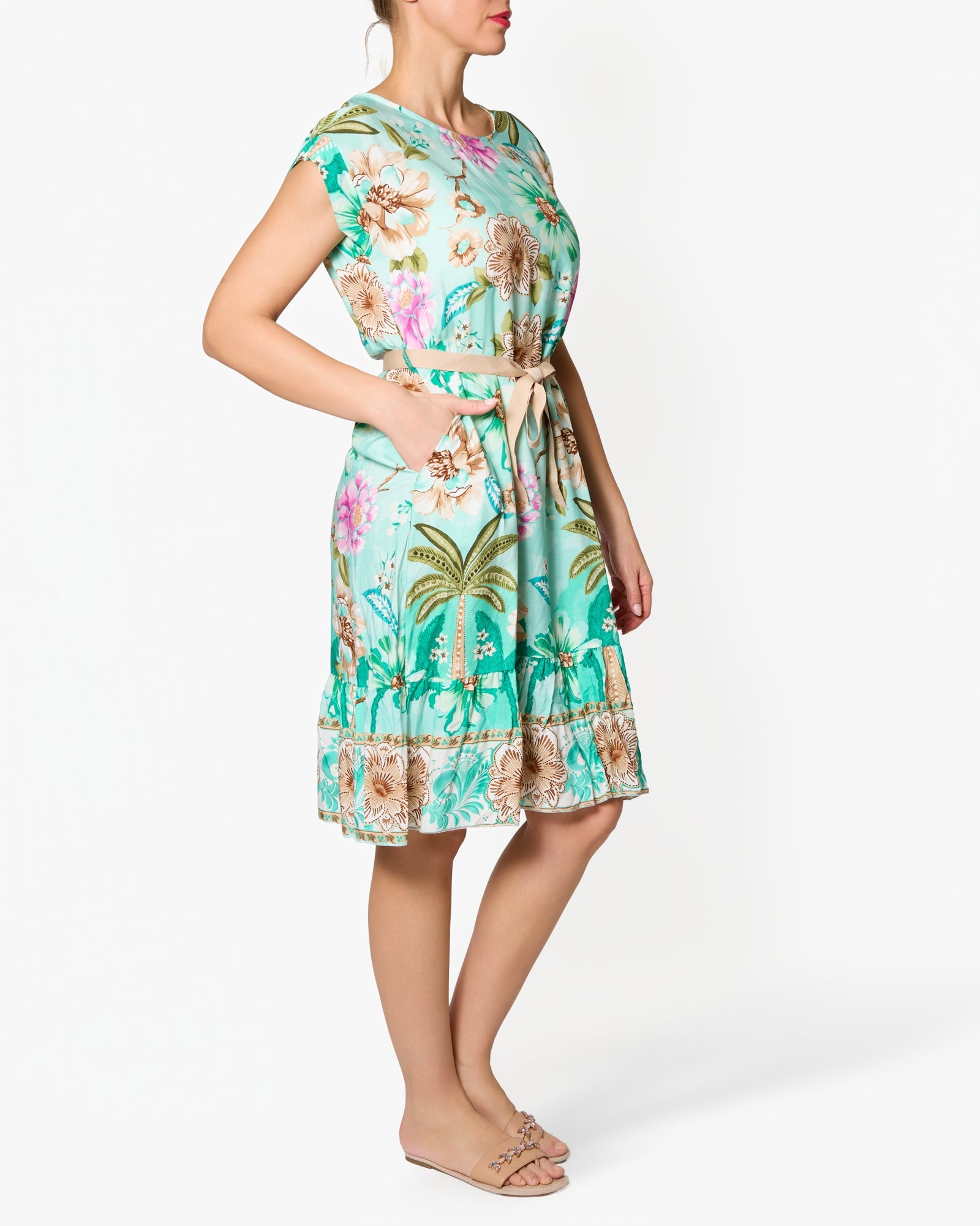 Seafoam Tropical Beach Print Belted Dress