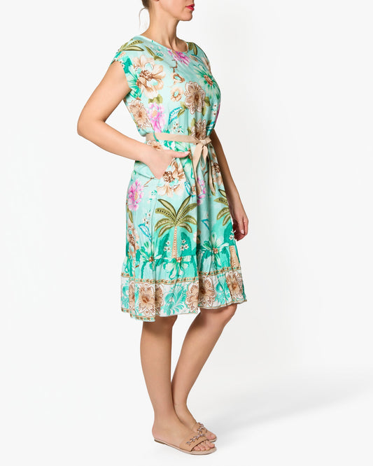 Seafoam Tropical Beach Print Belted Dress