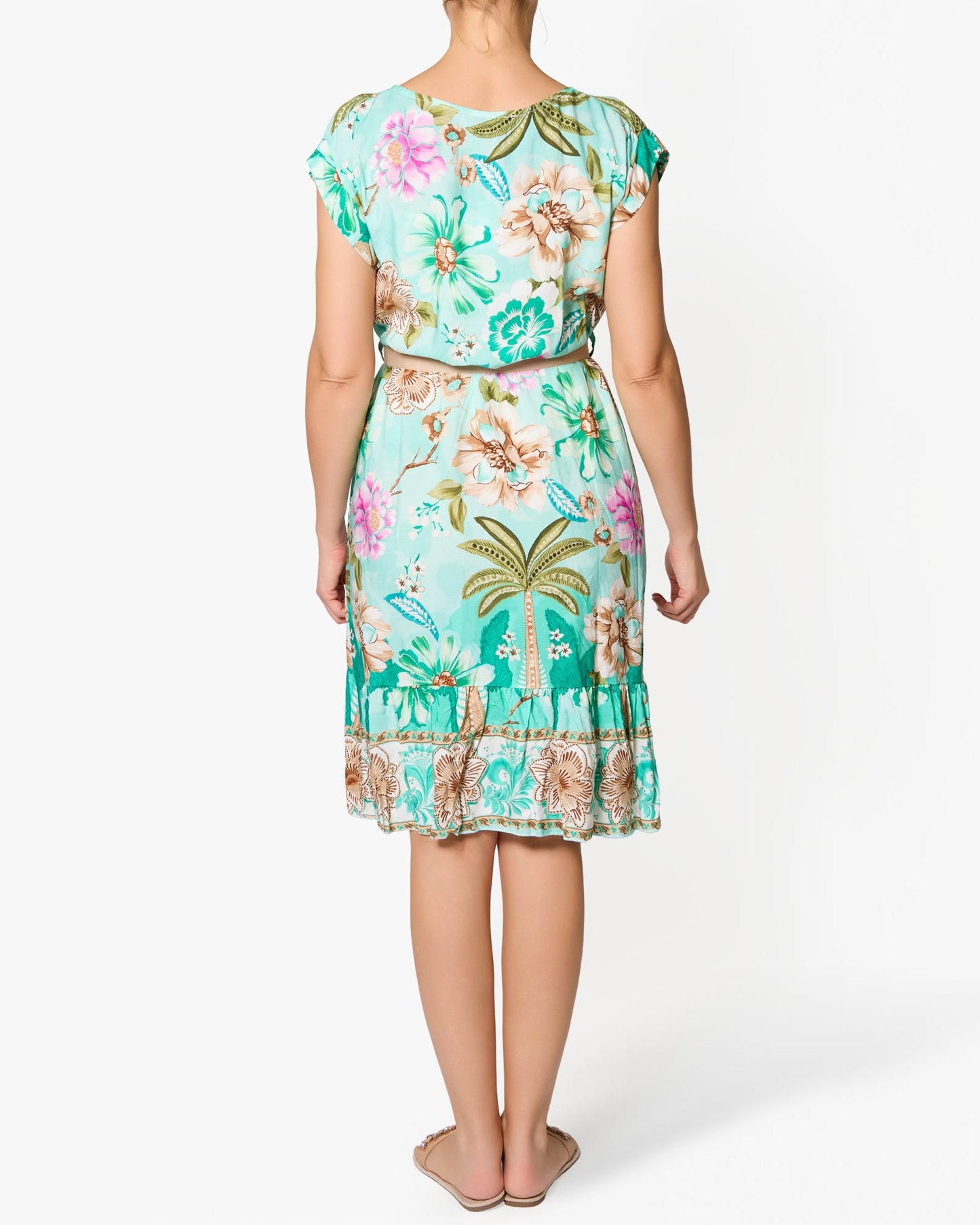 Seafoam Tropical Beach Print Belted Dress