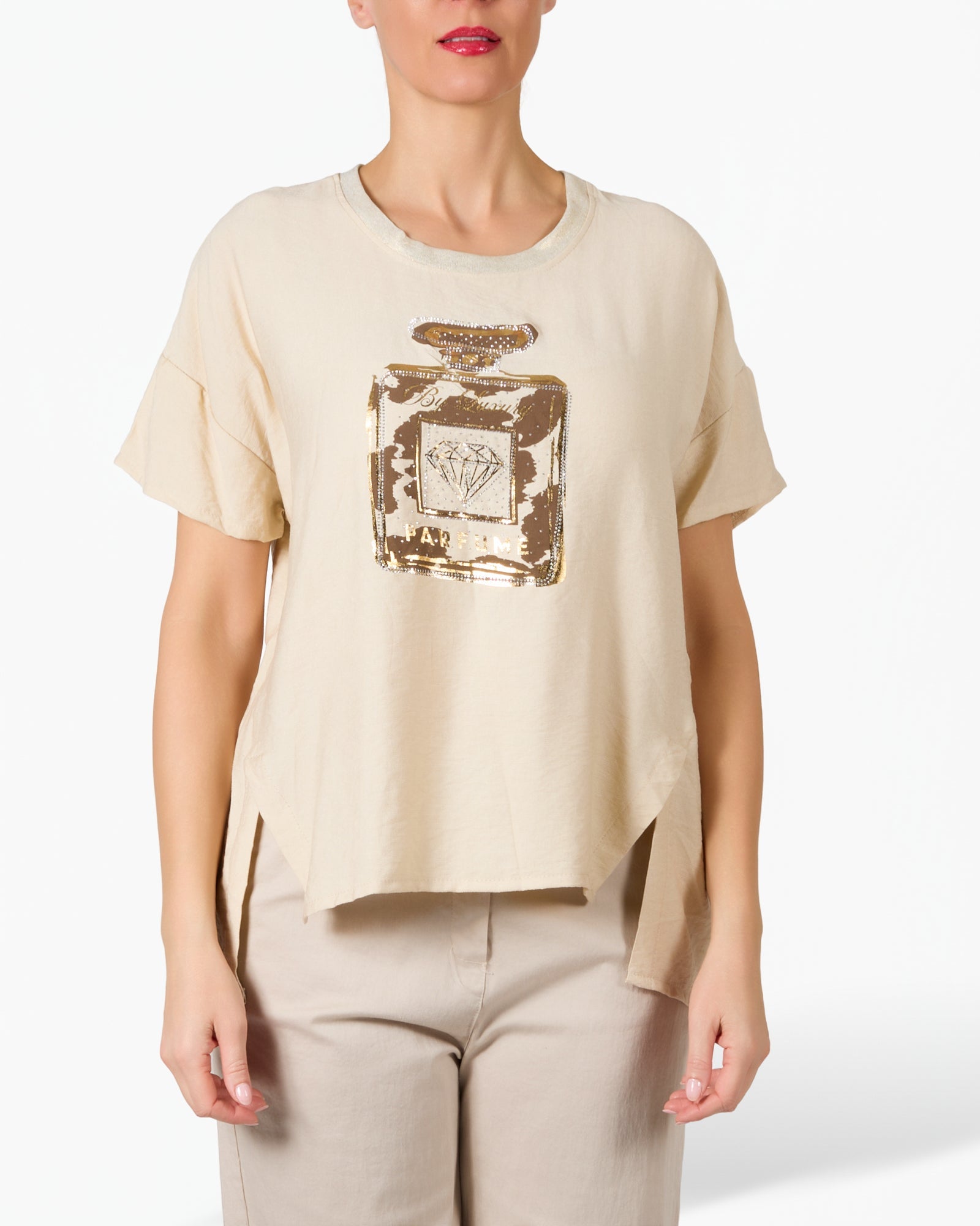 Beige Animal and Gold Perfume Printed Graphic T-Shirt