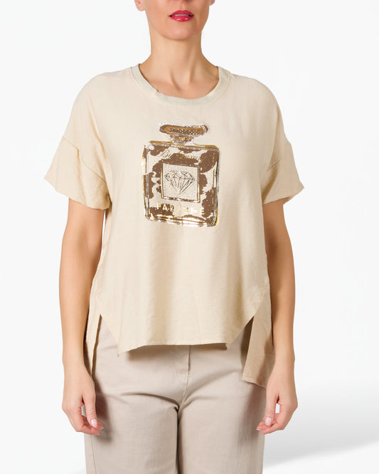 Beige Animal and Gold Perfume Printed Graphic T-Shirt