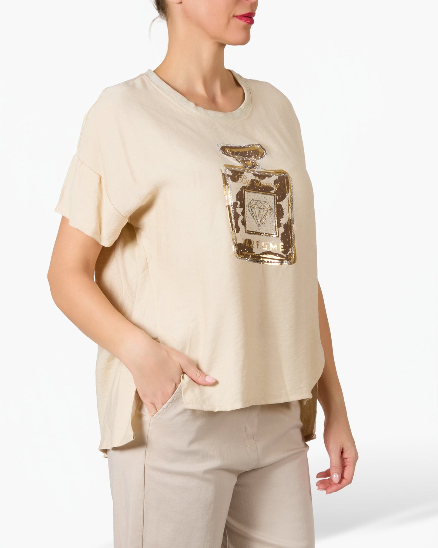 Beige Animal and Gold Perfume Printed Graphic T-Shirt