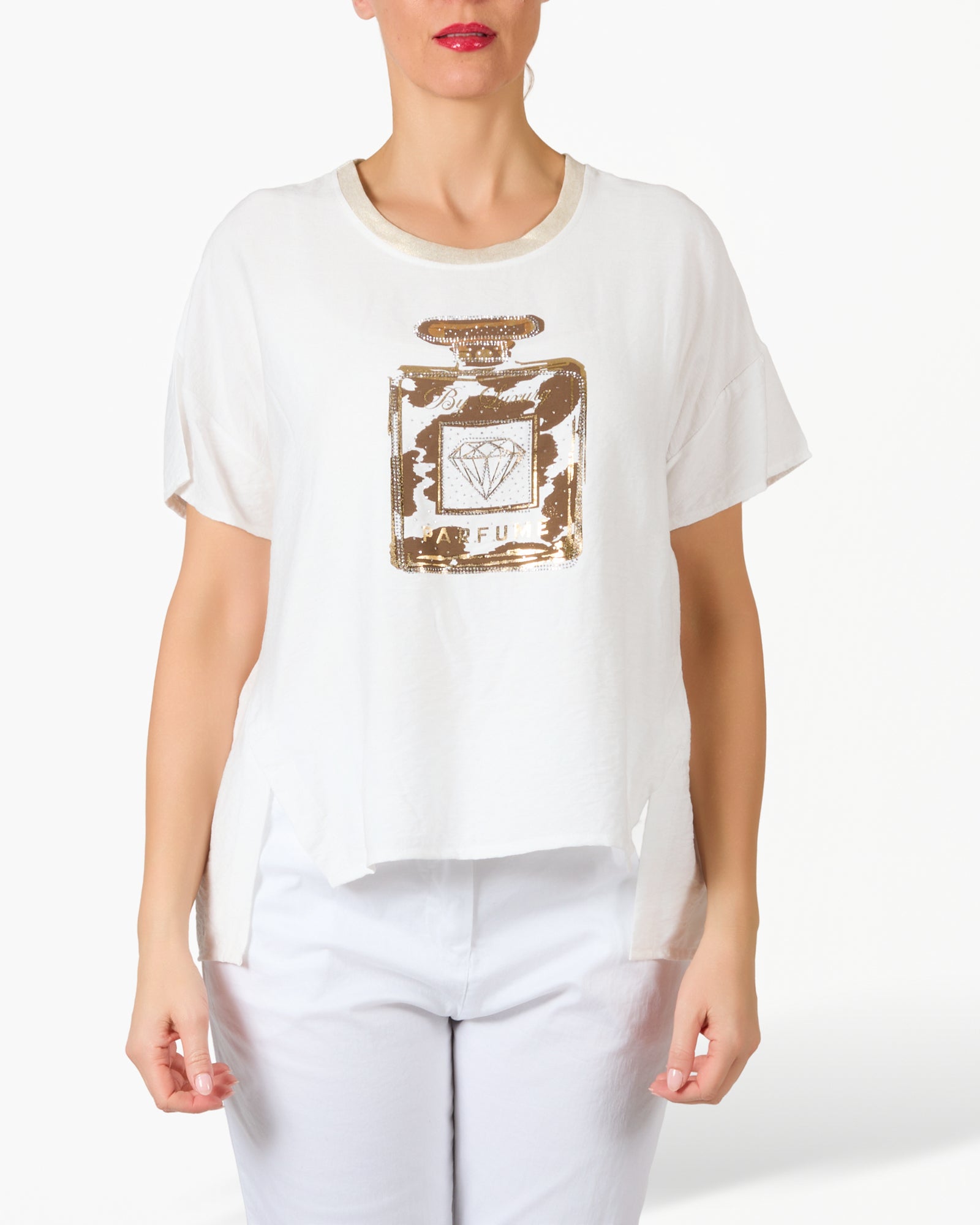 White Animal and Gold Perfume Printed Graphic T-Shirt