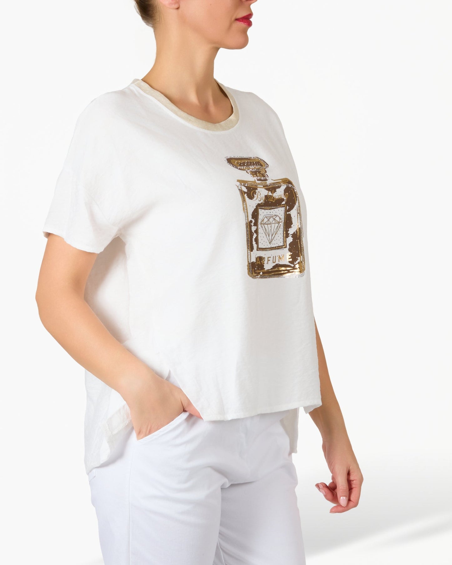 White Animal and Gold Perfume Printed Graphic T-Shirt