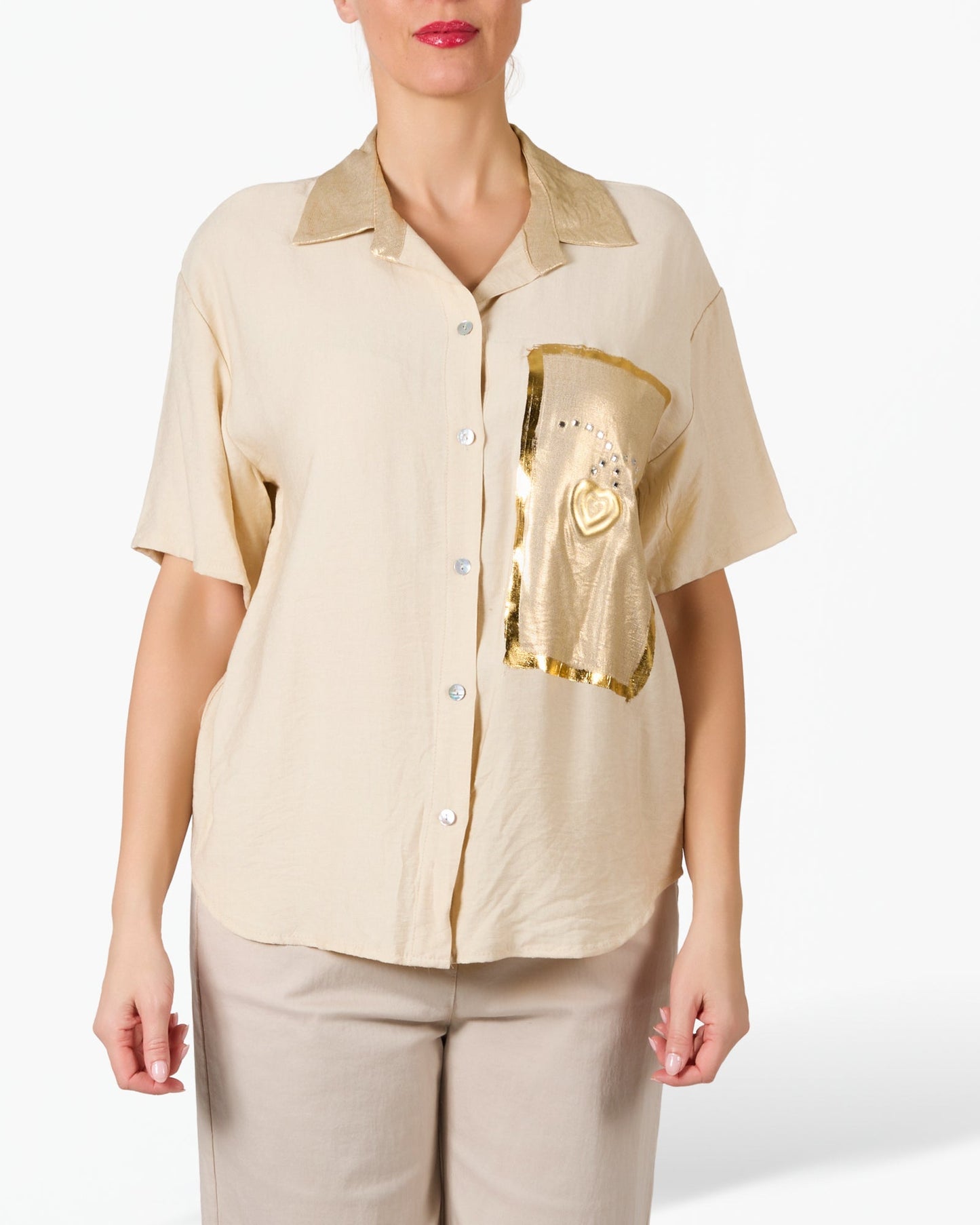 Beige Button Front Gold Graphic Blouse