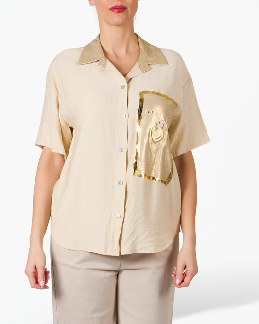 Beige Button Front Gold Graphic Blouse