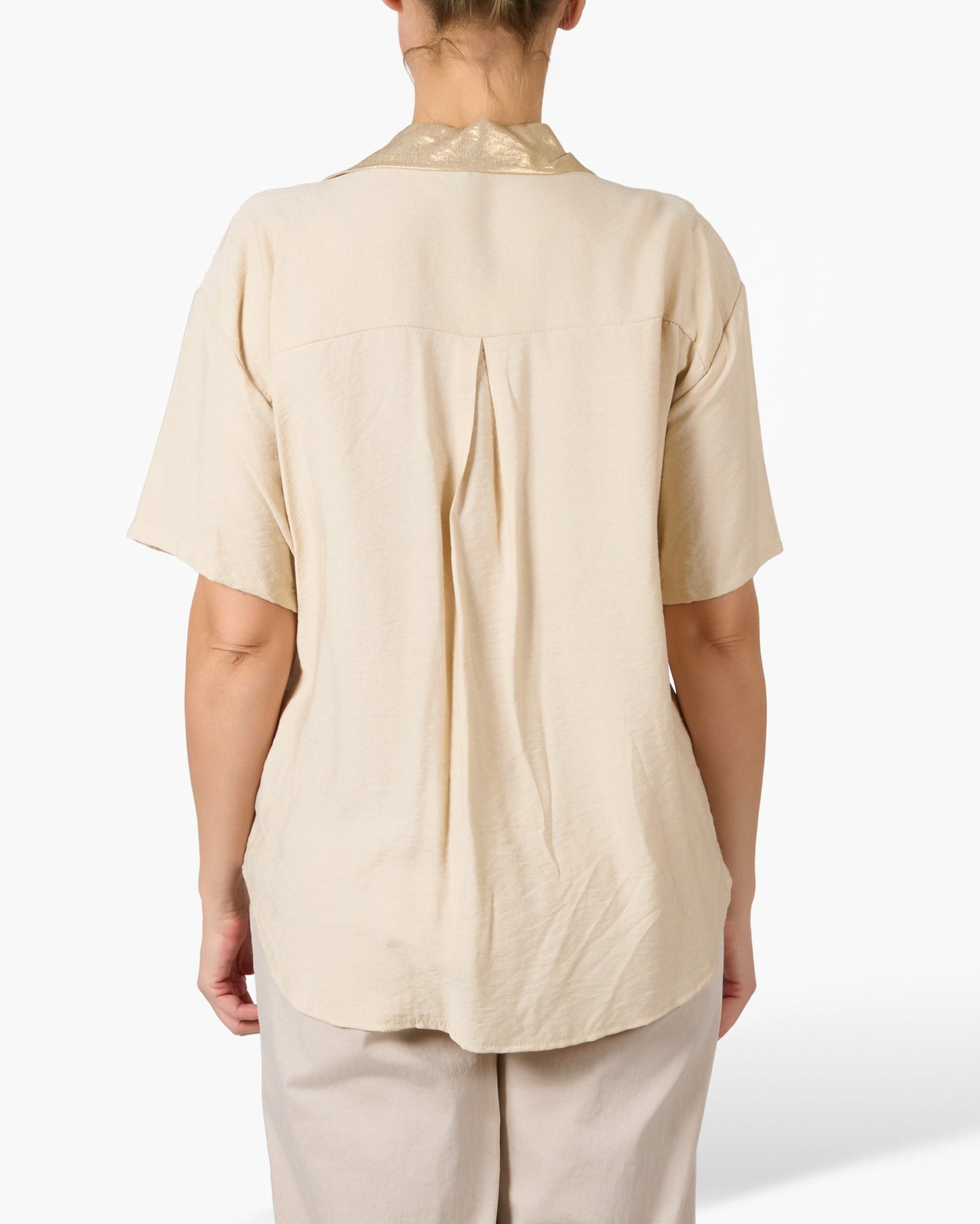 Beige Button Front Gold Graphic Blouse