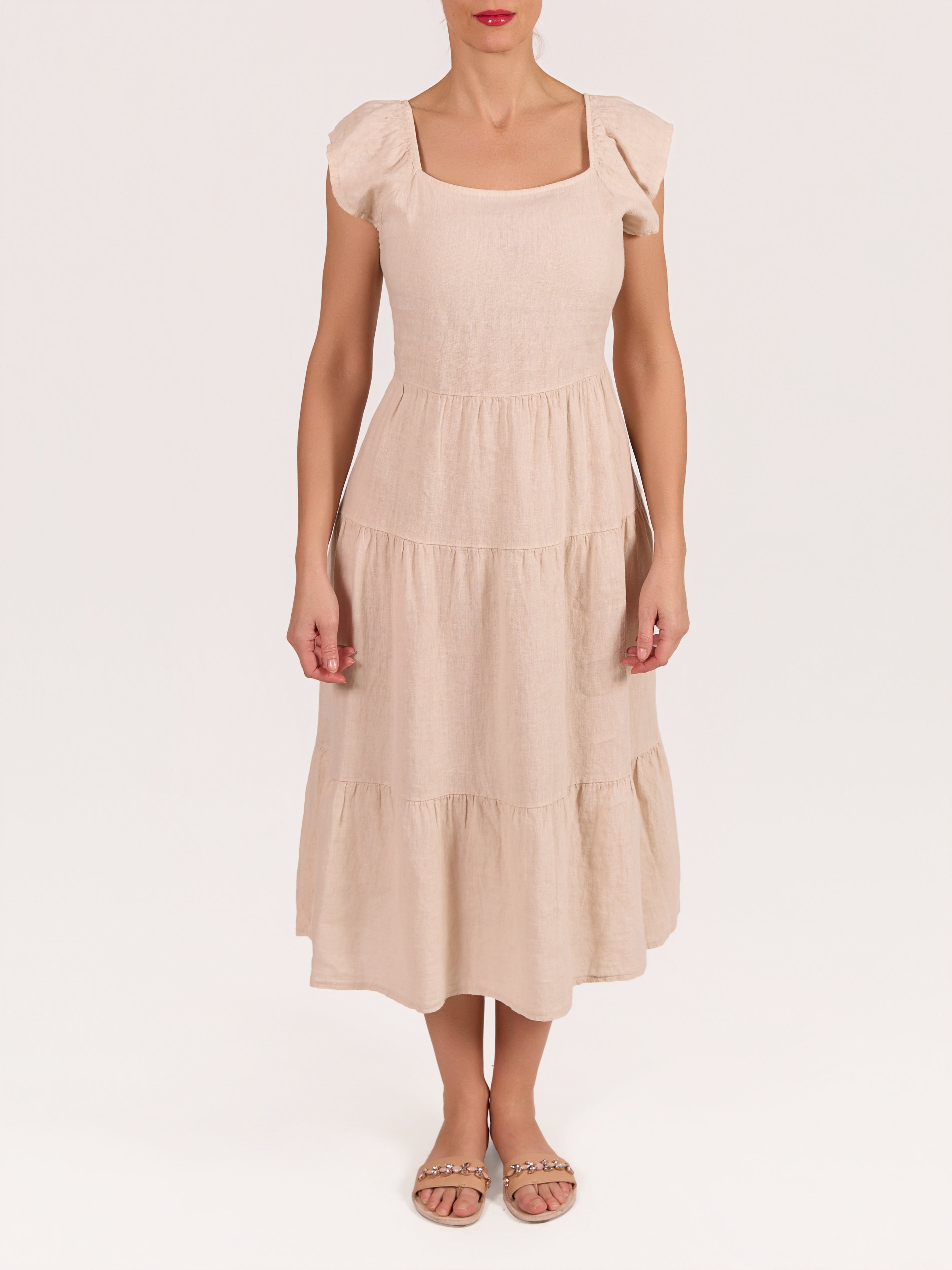 Beige 100% Linene Peasant Ruffled Dress