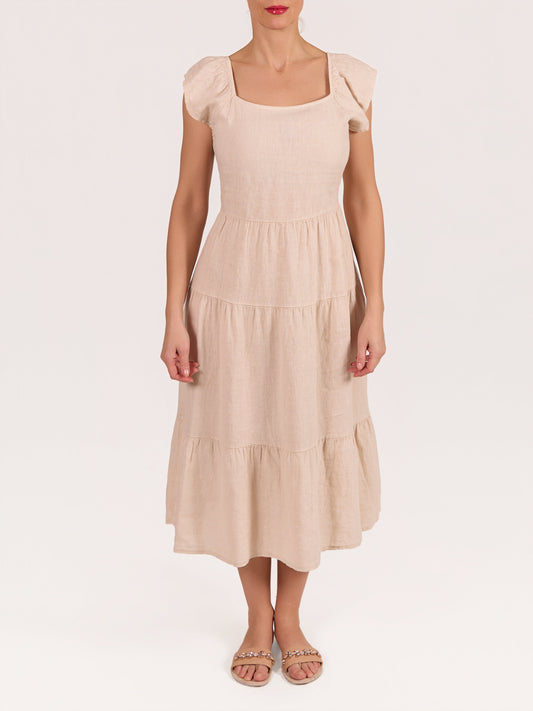 Beige 100% Linene Peasant Ruffled Dress