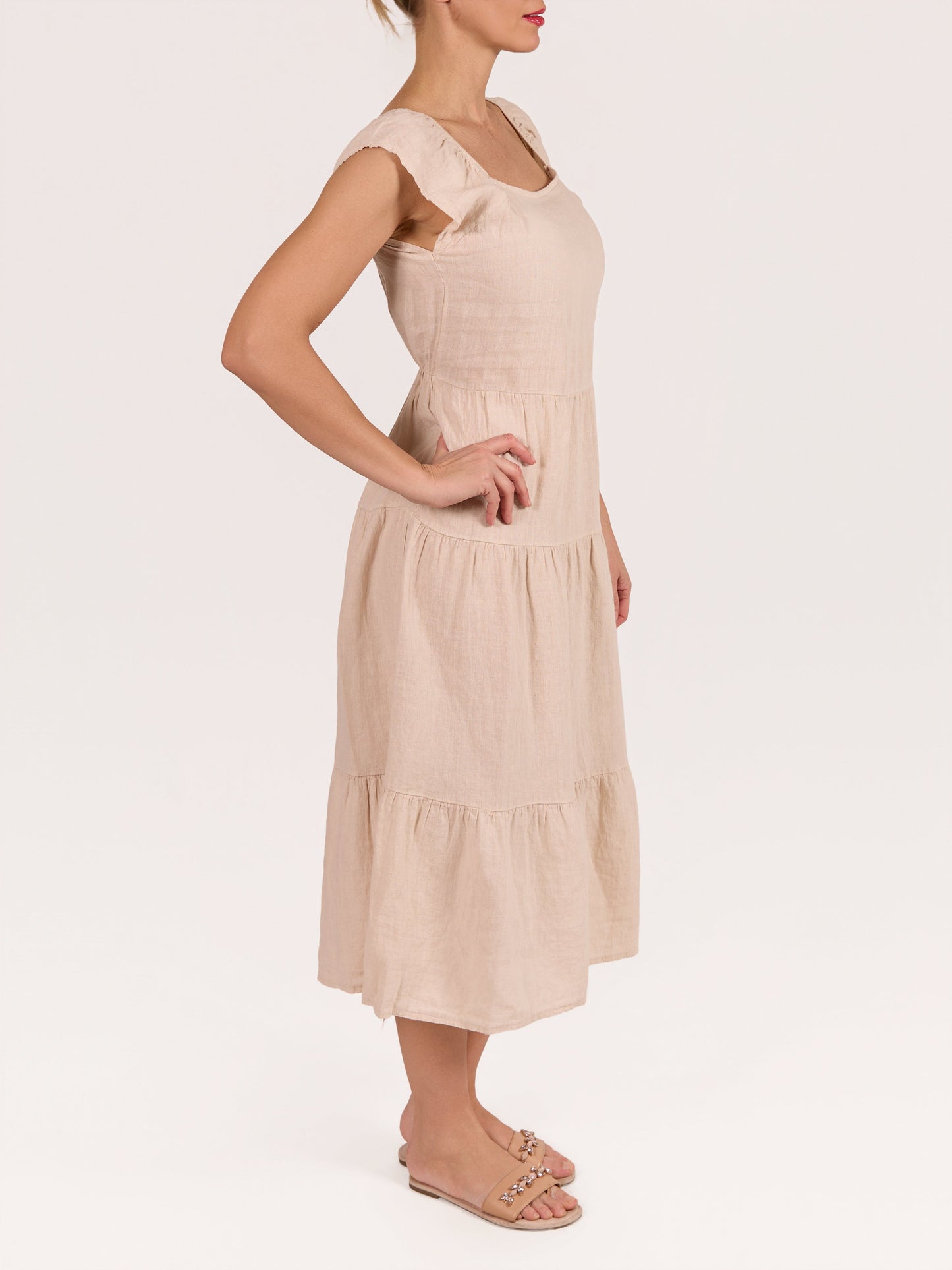 Beige 100% Linene Peasant Ruffled Dress