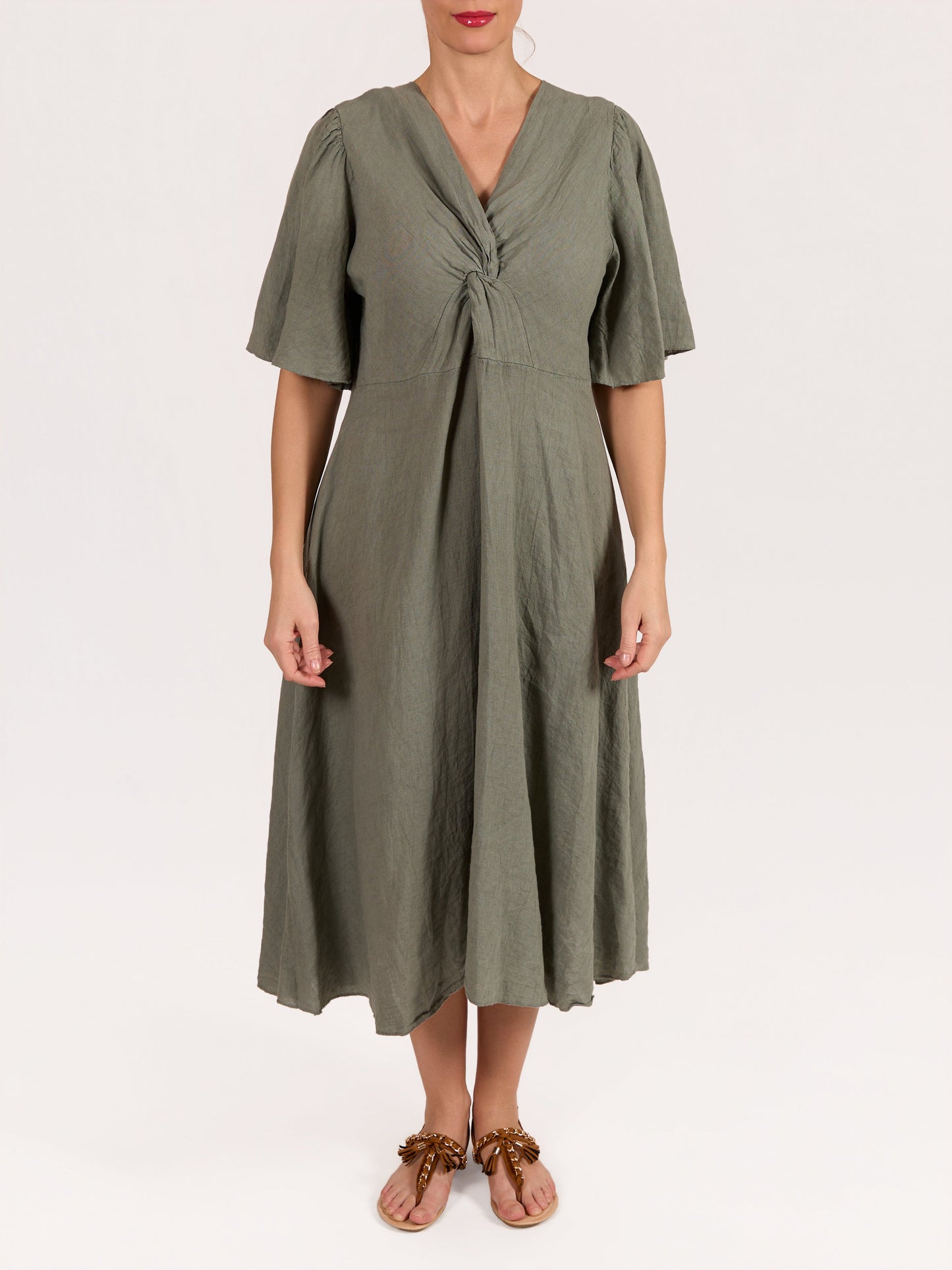 Khaki Tie Front 100% Linen Short Sleeve Peasant Dress