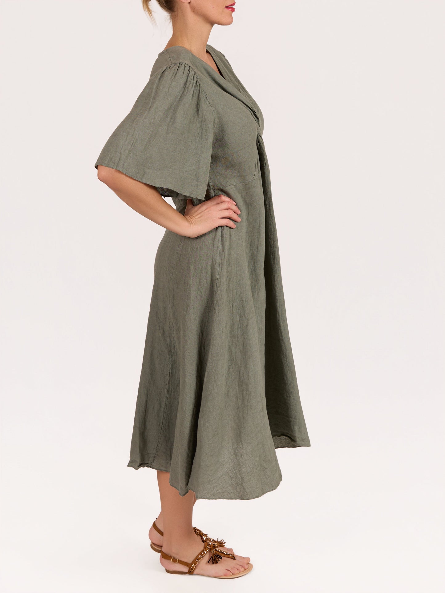 Khaki Tie Front 100% Linen Short Sleeve Peasant Dress