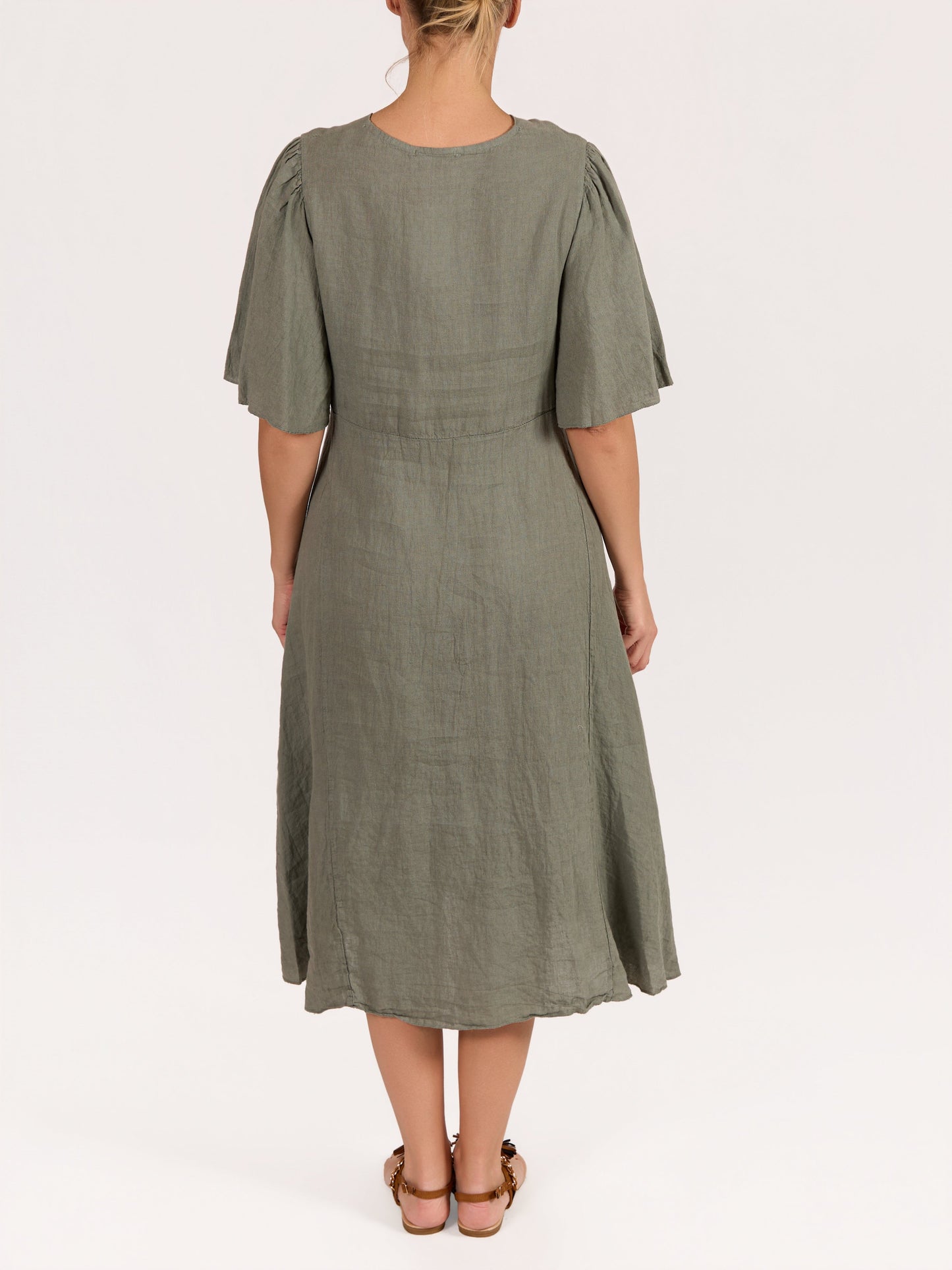 Khaki Tie Front 100% Linen Short Sleeve Peasant Dress