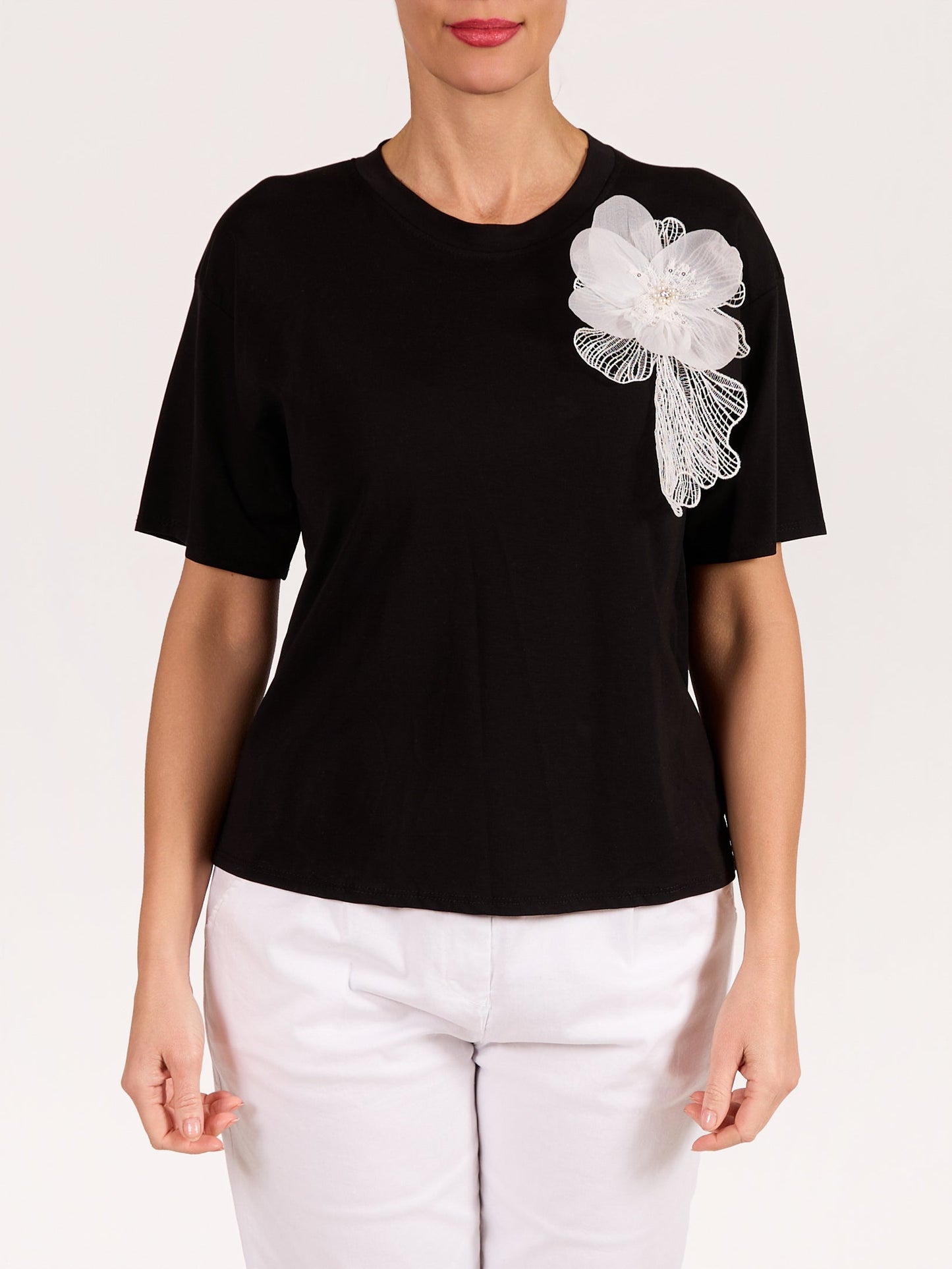 Black Floral Embellishment T-Shirt