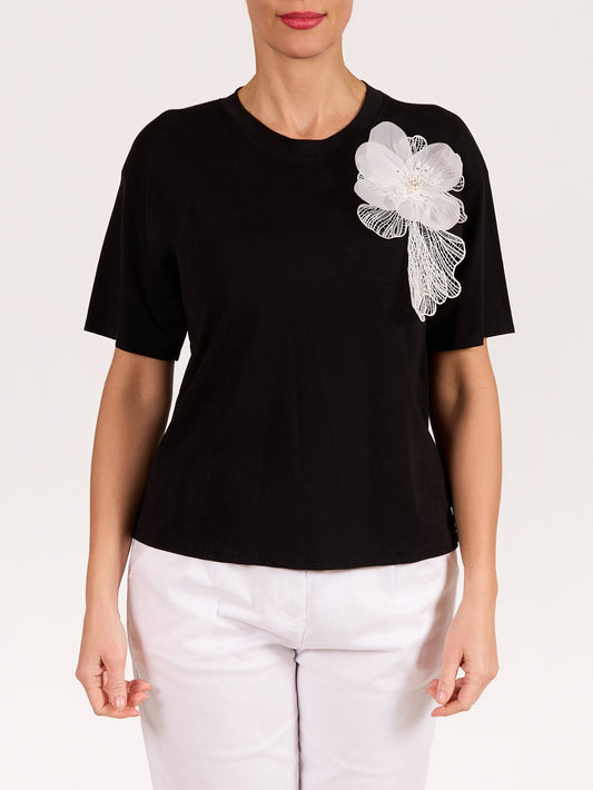 Black Floral Embellishment T-Shirt