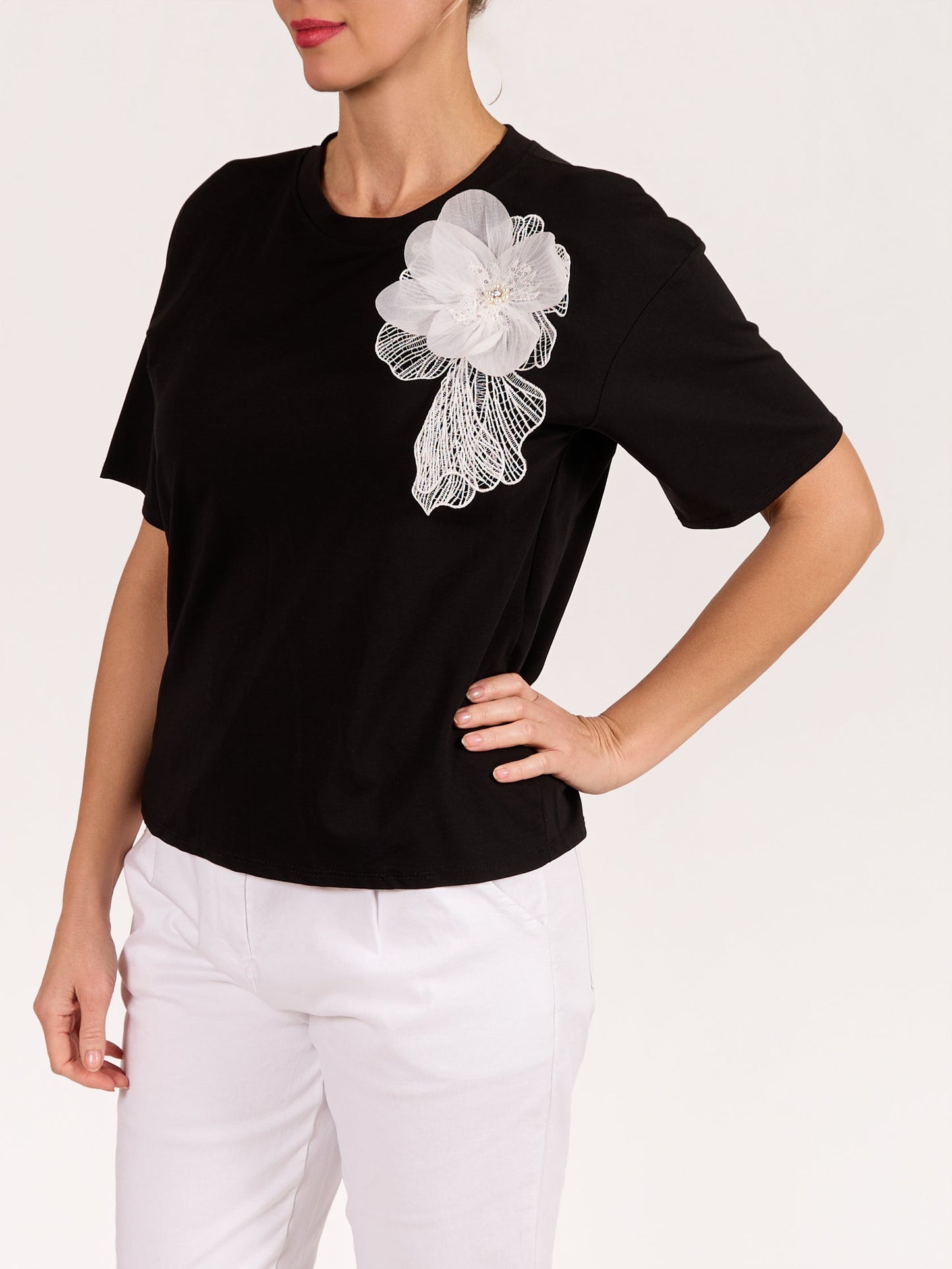 Black Floral Embellishment T-Shirt
