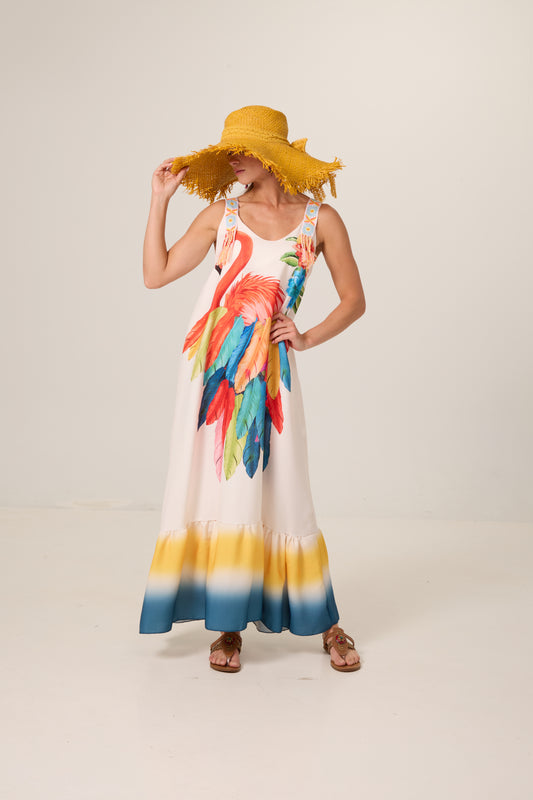 White Sleeveless Ribbon Strap Peasant Flamingo Maxi Dress