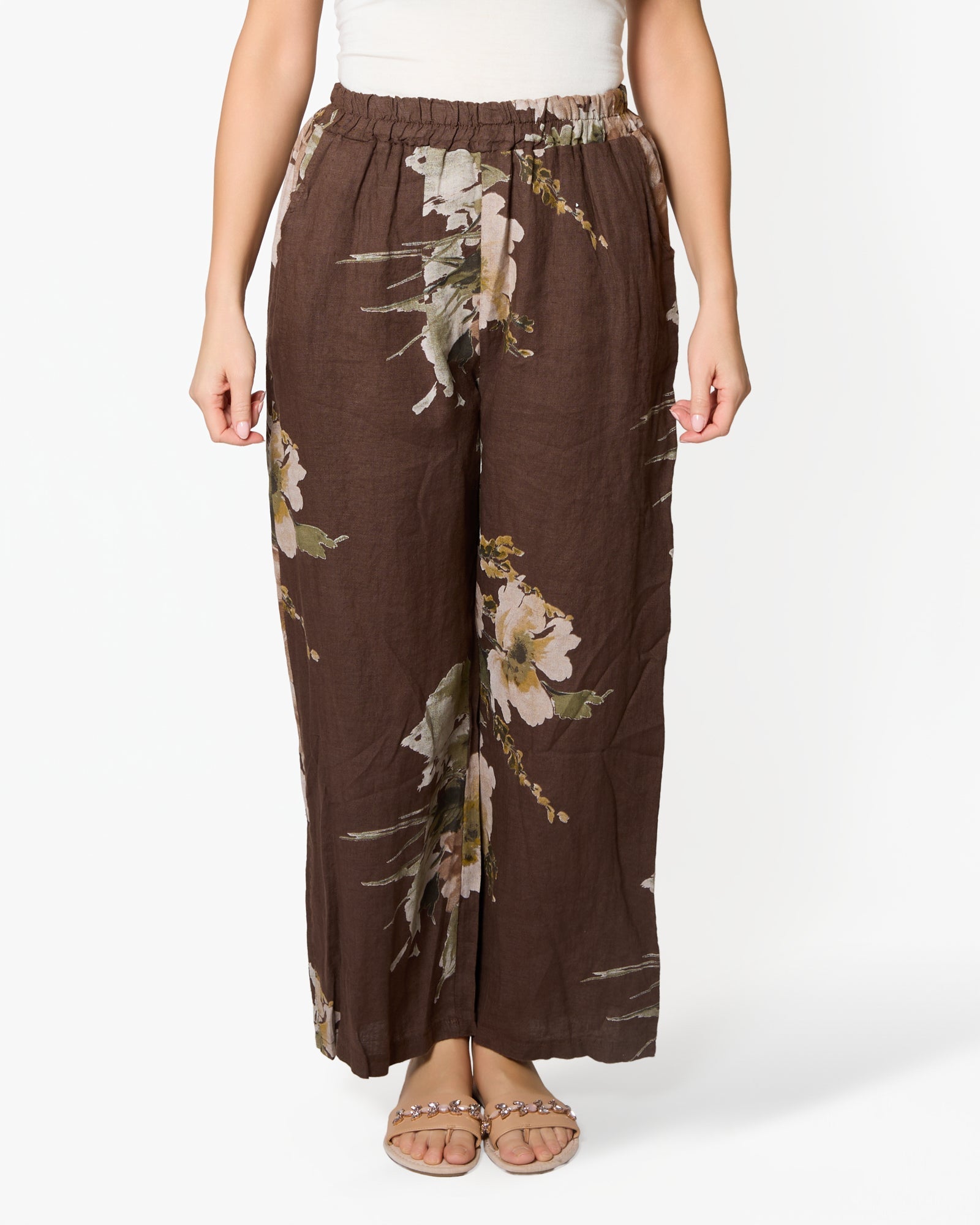 Espresso Floral Print Linen Pants