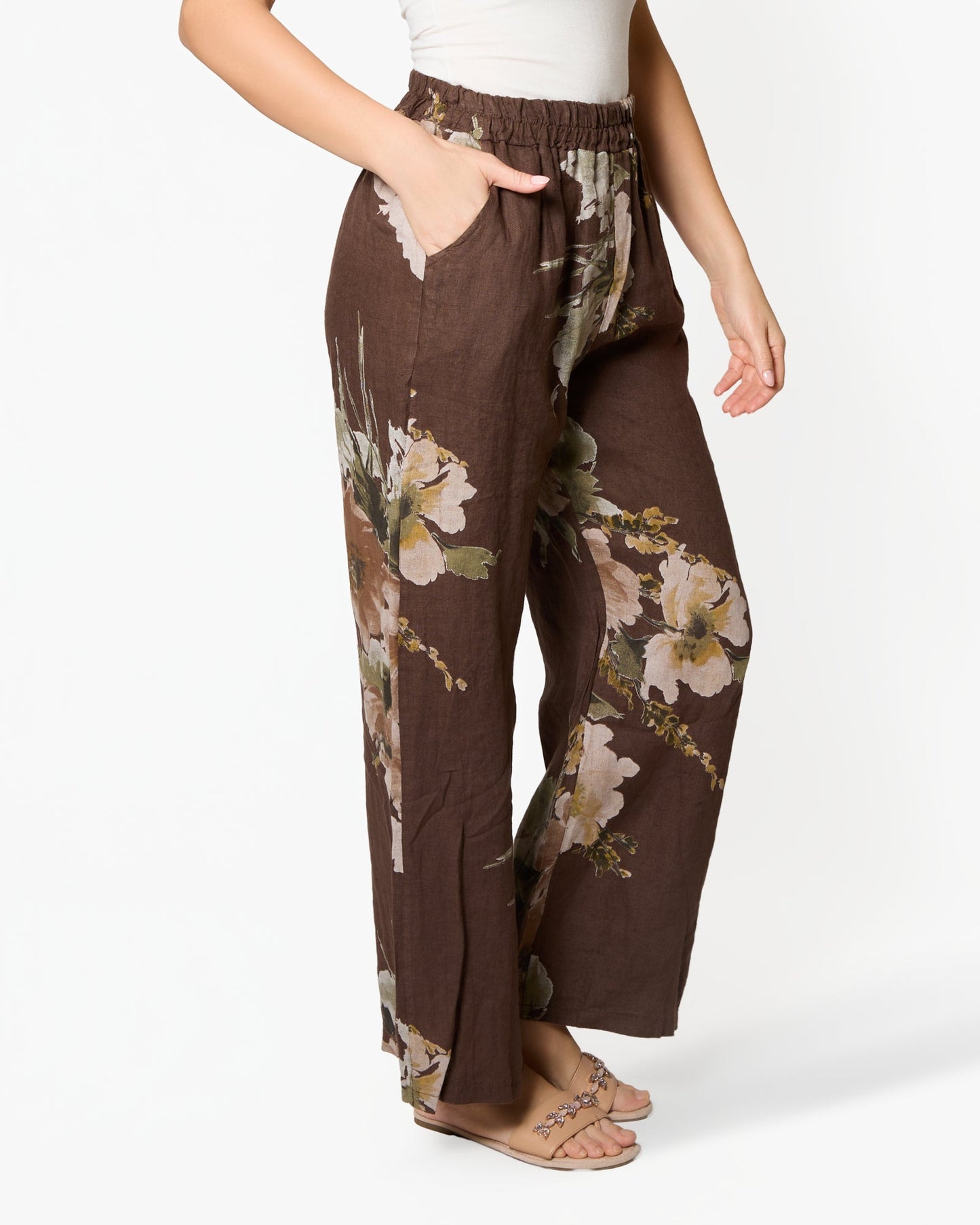 Espresso Floral Print Linen Pants