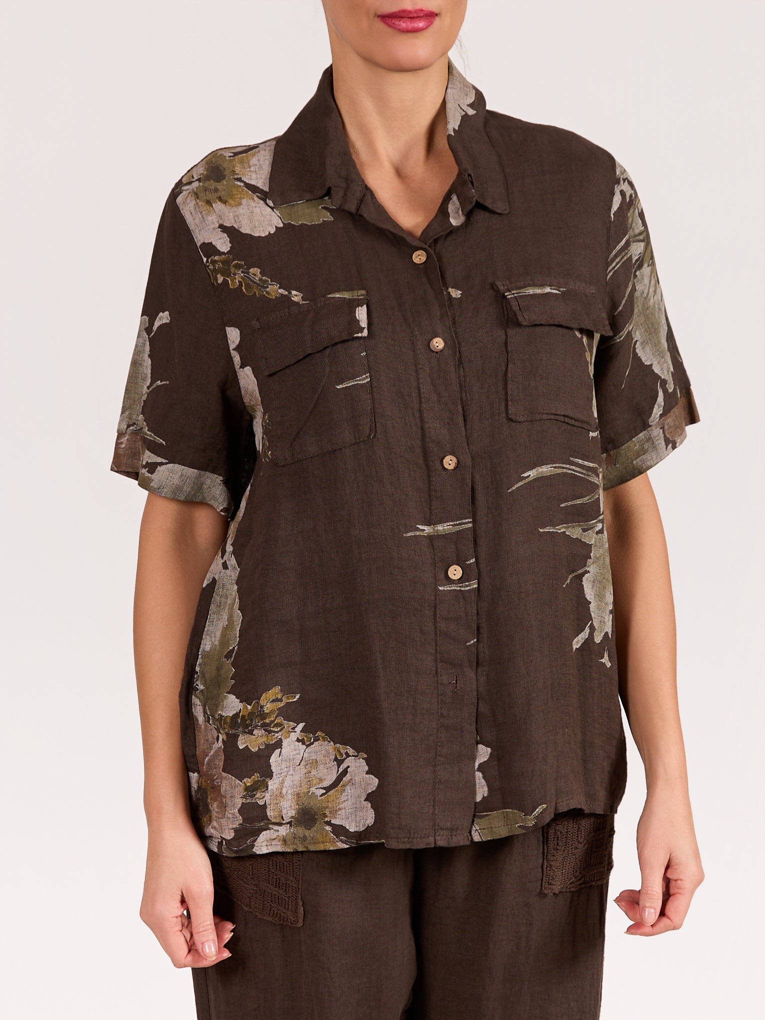 Espresso Floral Print 2 Pocket Button Up Blouse