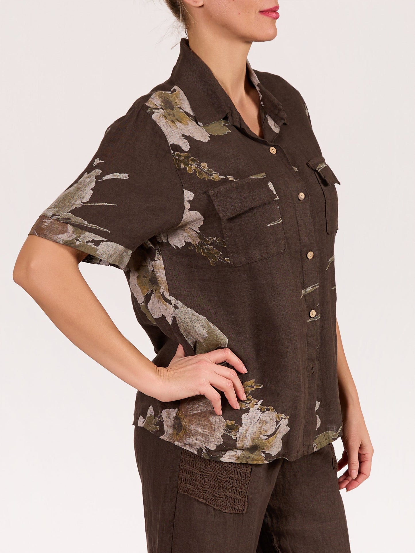 Espresso Floral Print 2 Pocket Button Up Blouse