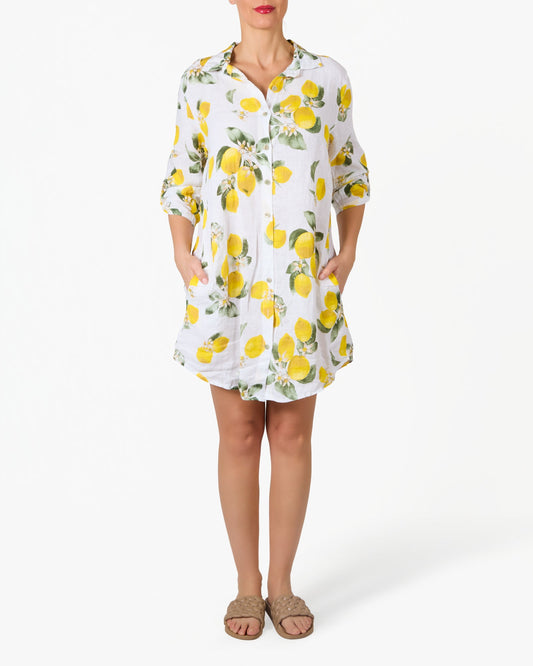 White Lemon Print Button Front 3/4 Length Dress
