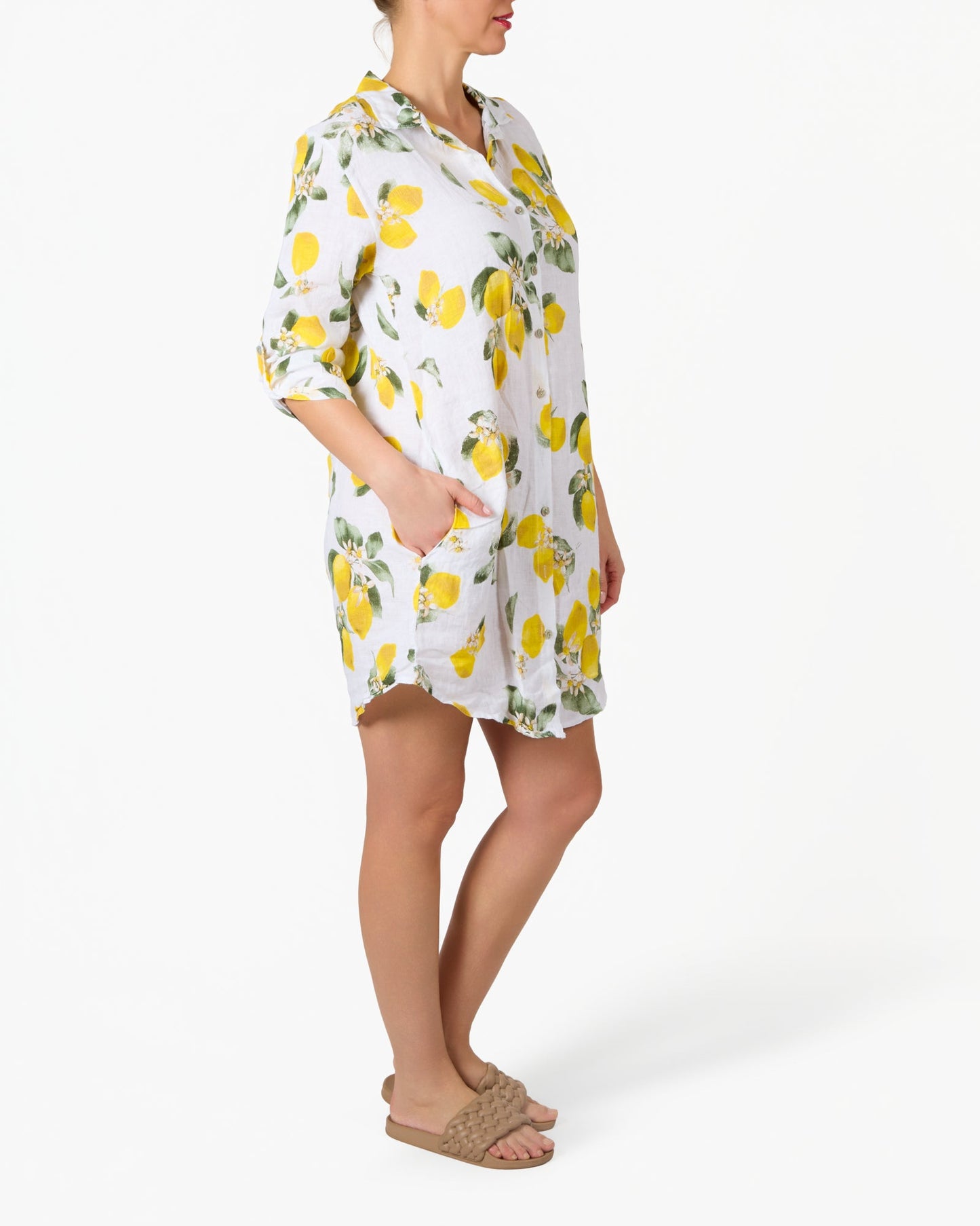 White Lemon Print Button Front 3/4 Length Dress