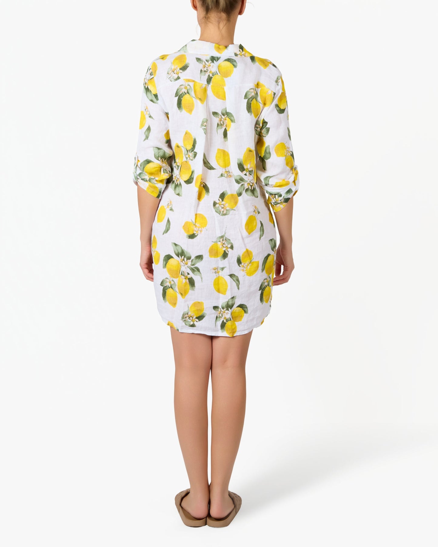 White Lemon Print Button Front 3/4 Length Dress