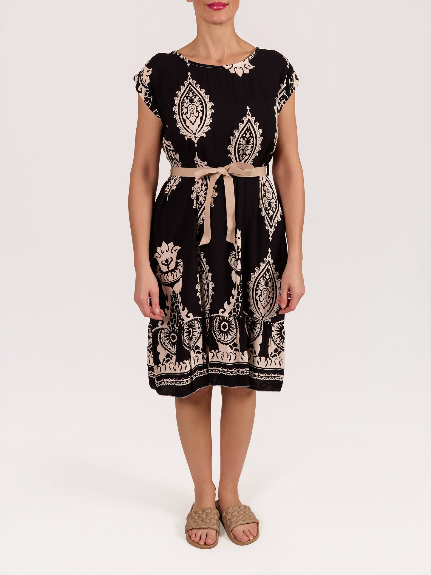 Black Ribbon Belted Paisley Dress