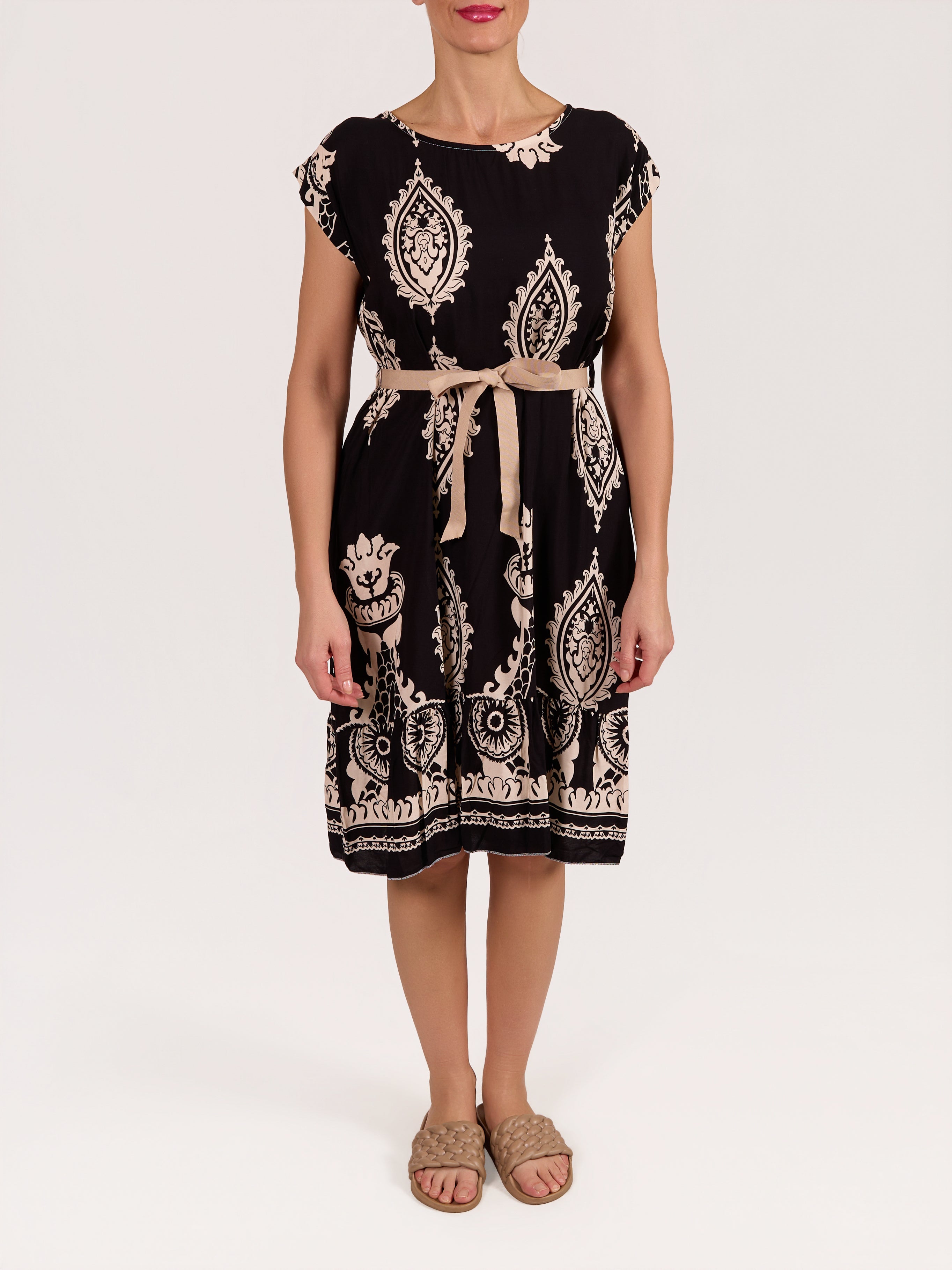 Black Ribbon Belted Paisley Dress