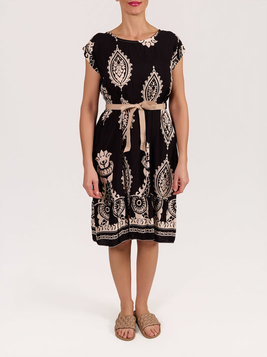 Black Ribbon Belted Paisley Dress