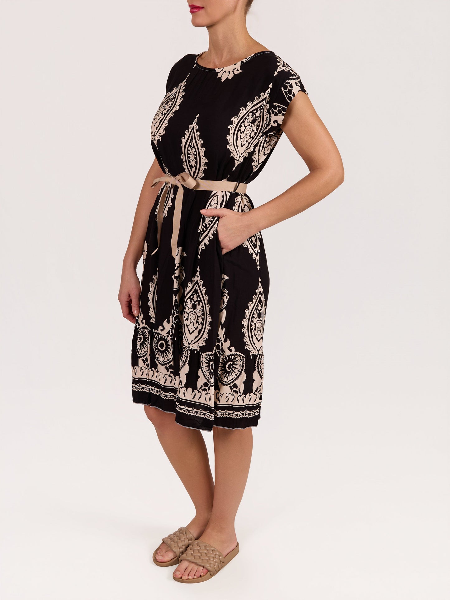 Black Ribbon Belted Paisley Dress
