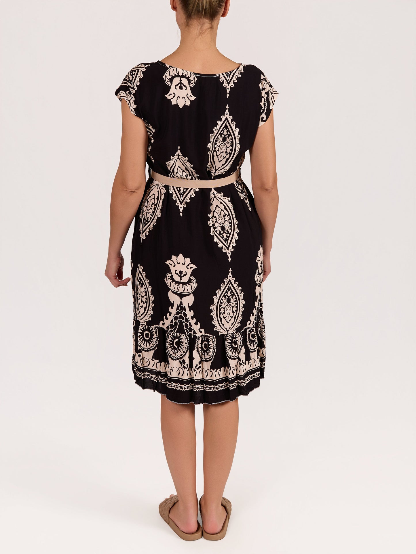 Black Ribbon Belted Paisley Dress