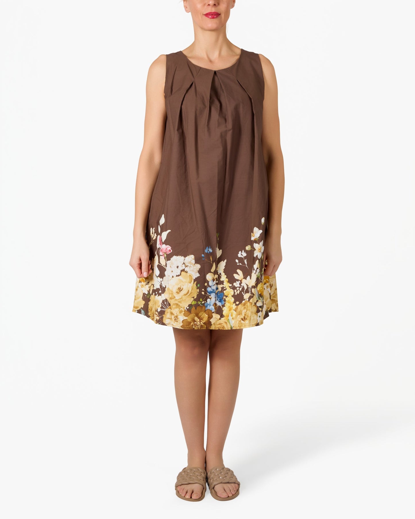 Espresso Floral Base Pleated Neck Dress