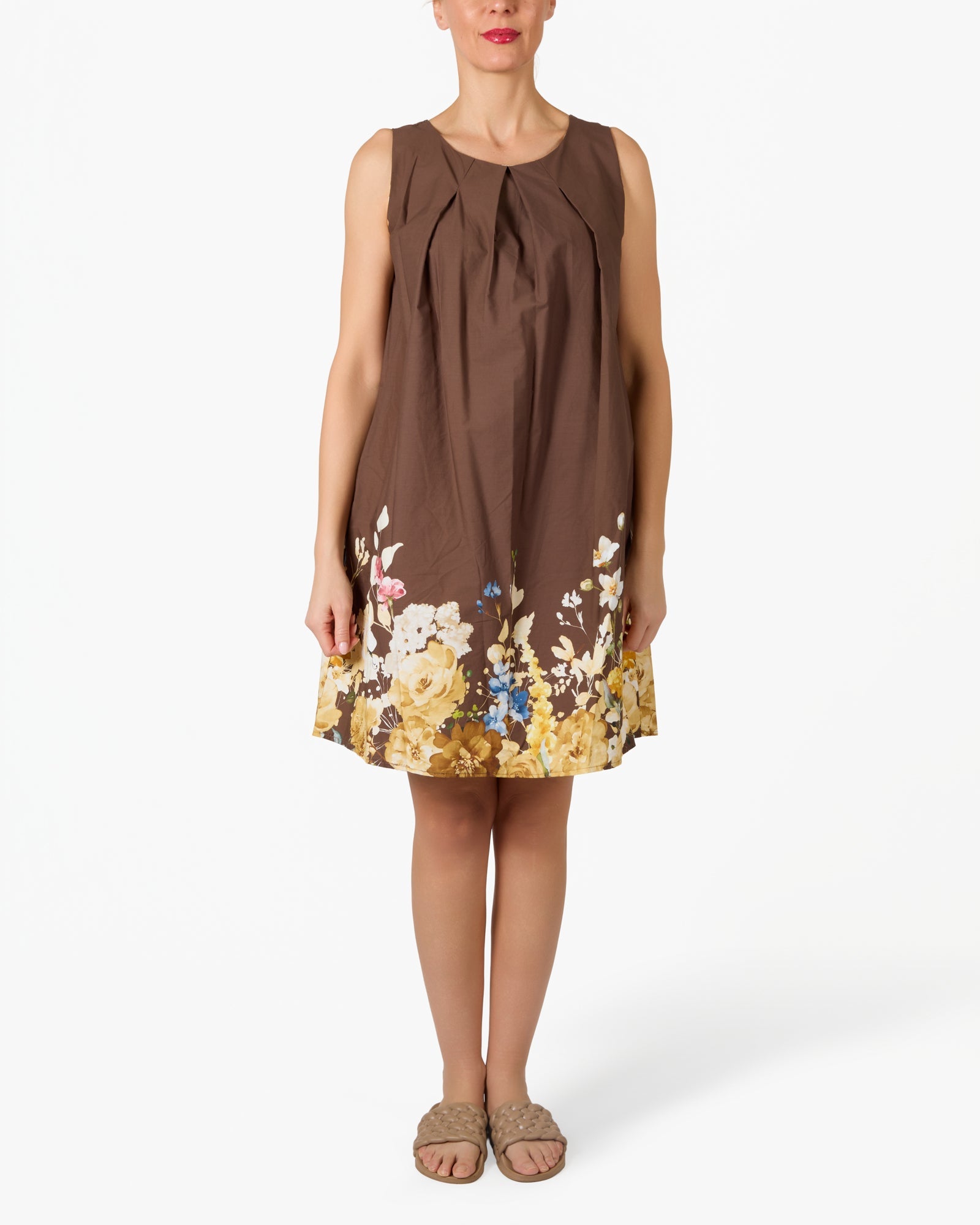 Espresso Floral Base Pleated Neck Dress