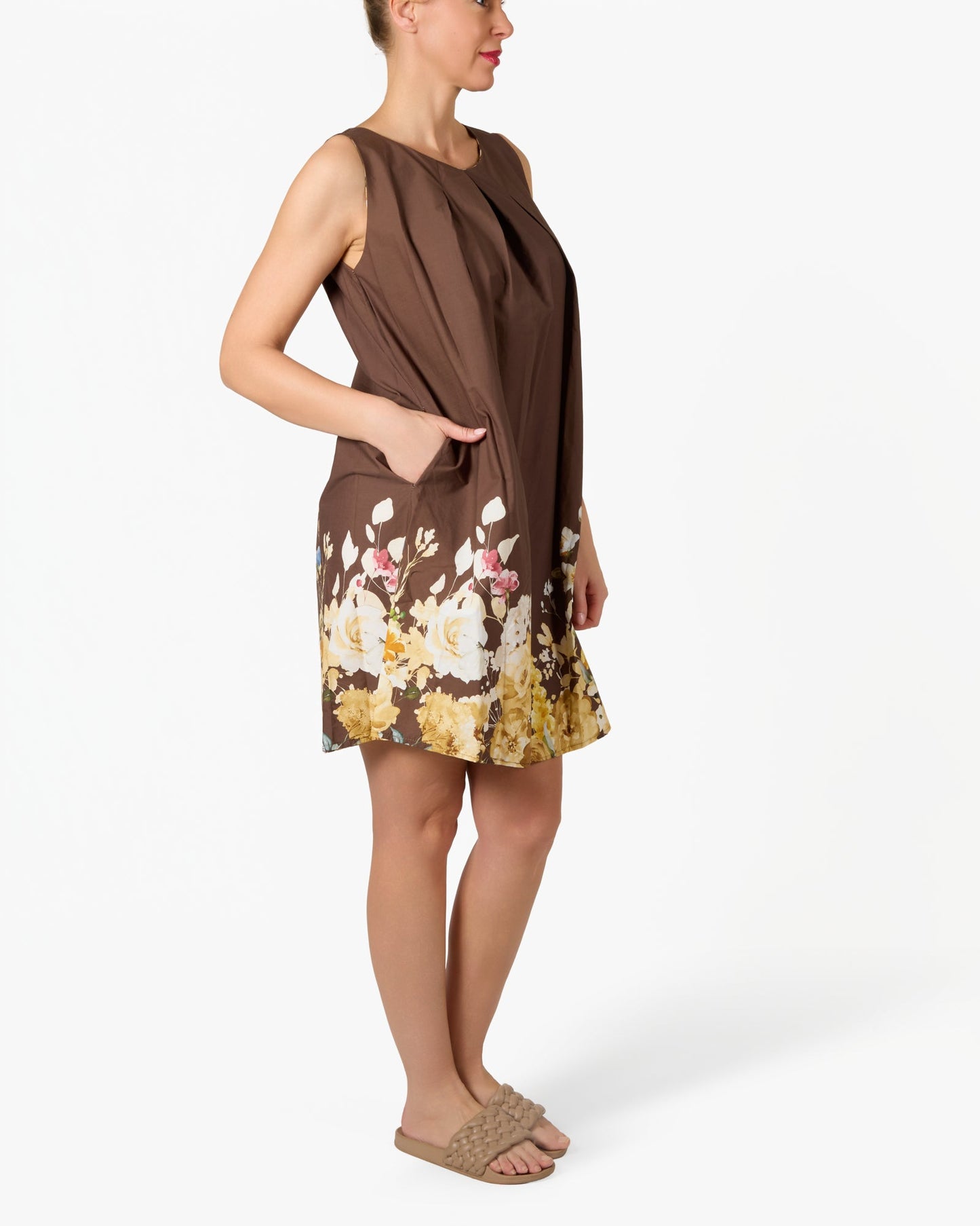 Espresso Floral Base Pleated Neck Dress
