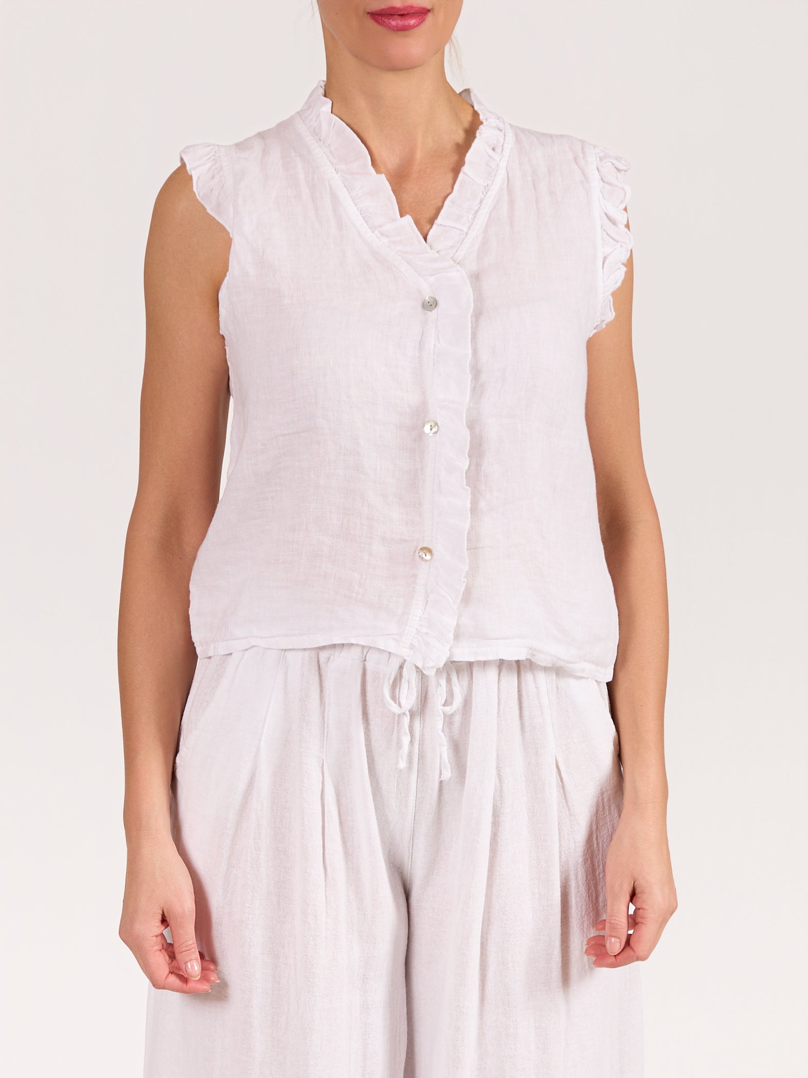 White Ruffle Trim Button Front Sleeveless Blouse