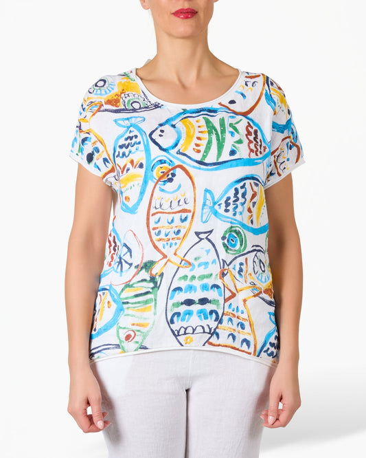 White Hand Drawn Fish Graphic T-Shirt