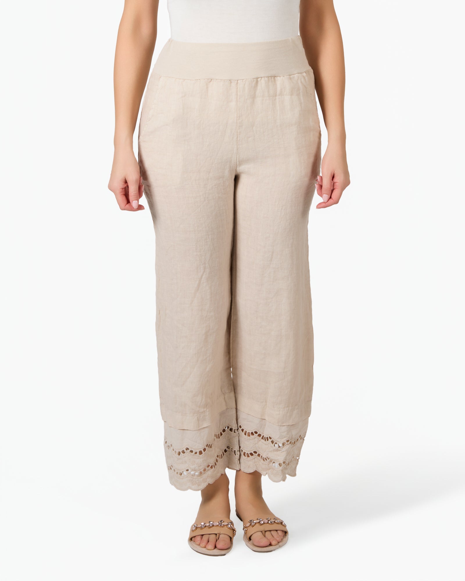 Beige Linen and Lace Cuffed Pull On Pants
